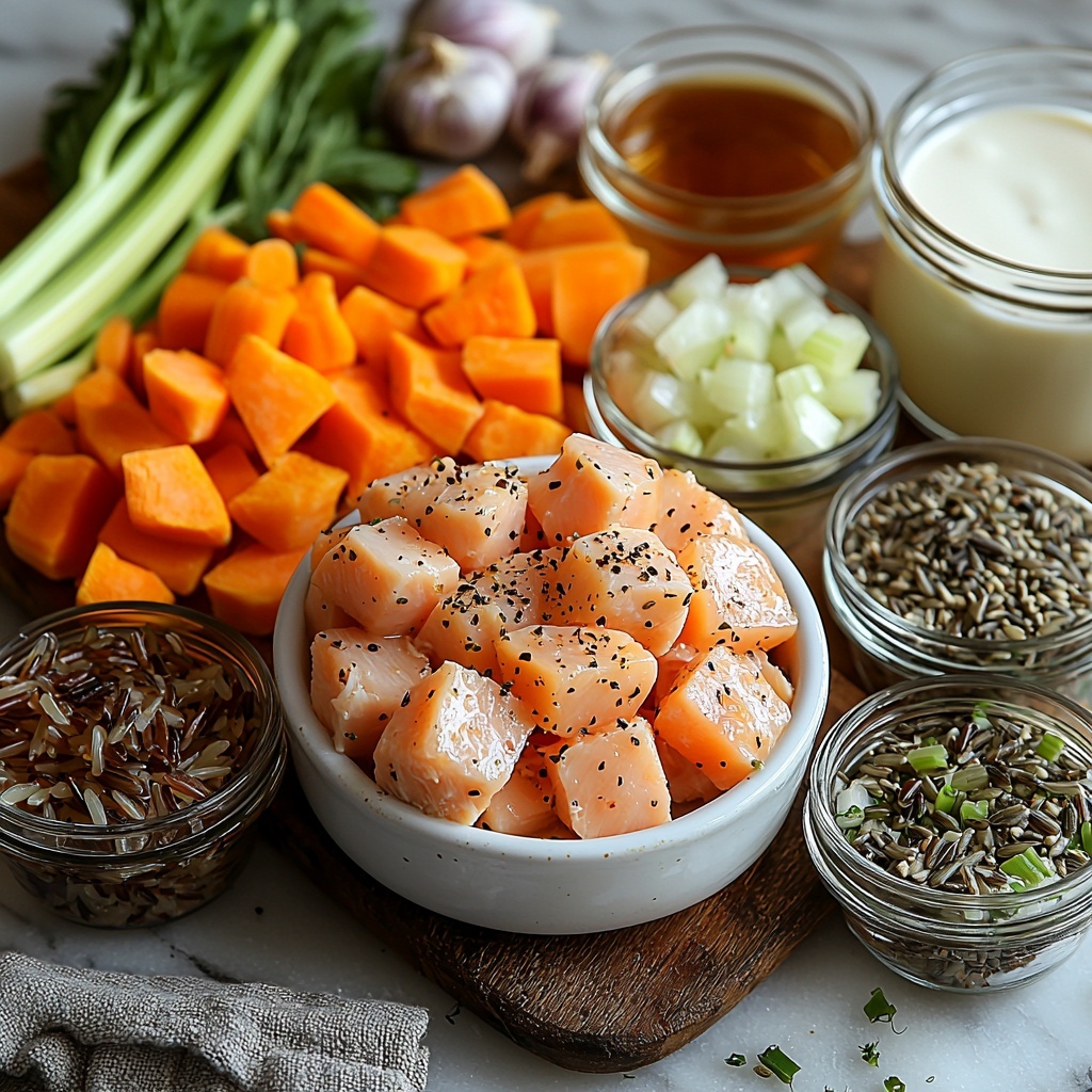 boneless skinless chicken breasts diced into cubes arranged neatly in a small white ceramic bowl, uncooked wild rice blend with multicolored grains scattered artfully on a rustic wooden surface, diced bright orange carrots and pale green celery stalks placed in separate small glass bowls to show their fresh textures, a medium yellow onion roughly chopped and displayed with some whole cloves of garlic nearby, three cloves garlic minced finely on a wooden board, a small clear glass jug of creamy white heavy cream with soft reflections, a translucent measuring cup filled with golden low-sodium chicken broth, all ingredients spaced evenly on a clean white marble countertop with soft natural lighting highlighting the vibrant colors and textures, subtle shadows for depth, minimal props for a clean and inviting look, overhead shot, top down view, flat lay photography, professional food styling --ar 1:1 --q 2 --s 750 --v 6.1