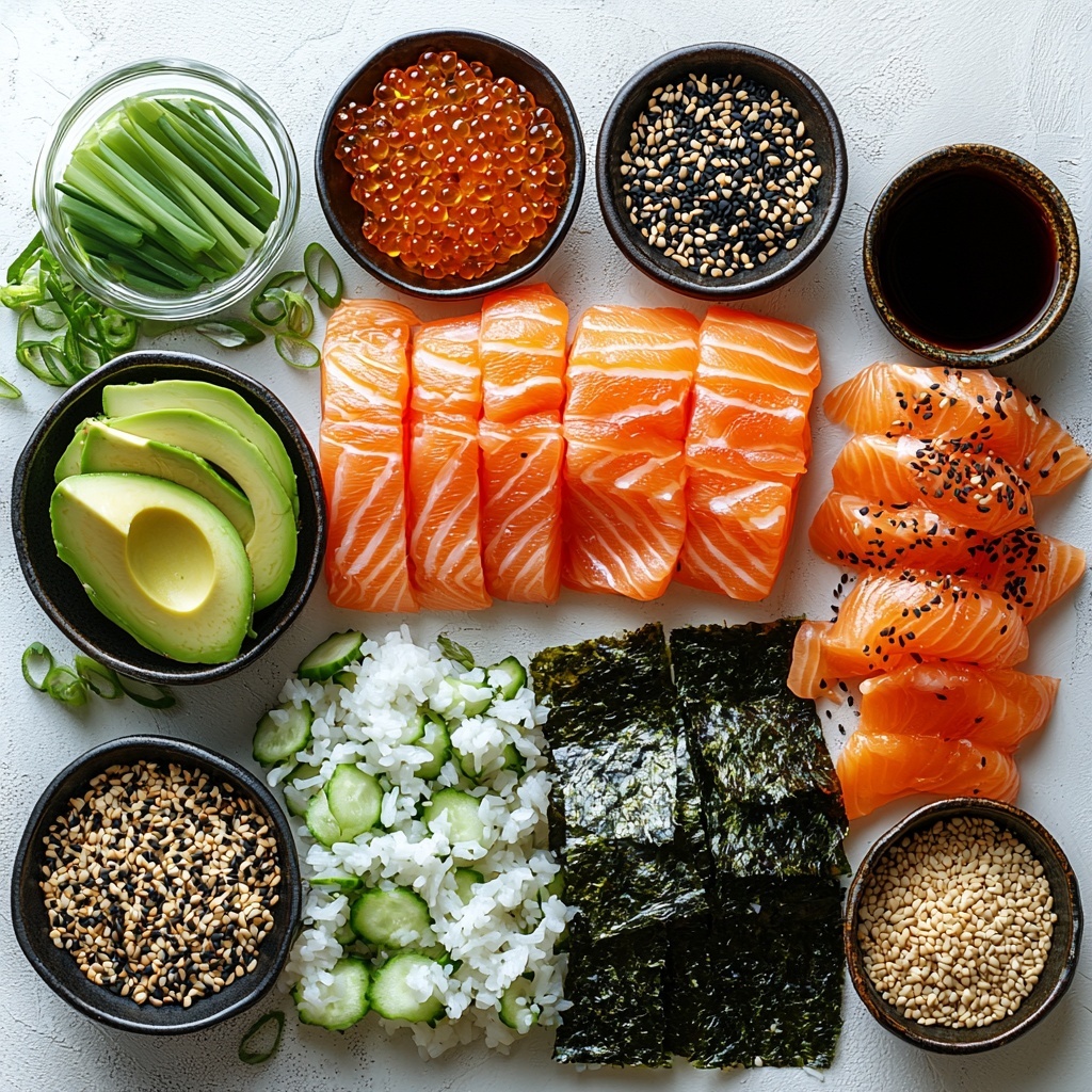 A beautifully arranged flat lay of fresh sushi ingredients on a clean white surface: a small bowl of glossy cooked sushi rice mixed with rice vinegar, sugar, and salt showing a slightly sticky texture; a mound of uncooked sushi rice grains nearby; a cup of clear water; a small glass dish with rice vinegar and a tiny spoon; a shallow bowl of granulated sugar and a pinch of salt beside it; a pristine fresh salmon fillet, skin removed, bright coral-pink and glistening; a small dish of dark soy sauce reflecting light; a tiny bowl of golden sesame oil with a smooth surface; an elegantly sliced ripe avocado with creamy light green flesh; freshly julienned cucumber strips, vibrant green and crisp; several deep emerald green nori sheets cut into neat strips arranged in a slight fan; a small bowl of black and white sesame seeds; a handful of finely chopped bright green onions scattered artfully; and small dishes of vivid green wasabi paste and thinly sliced pale pink pickled ginger placed gently for contrast. The ingredients are spaced with balance and harmony, showcasing a variety of textures from the softness of rice and fish to the crispness of cucumber and nori, enhanced by natural light creating soft shadows and highlights. The composition is clean and inviting, perfect for a professional culinary flat lay. Overhead shot, top down view, flat lay photography, professional food styling --ar 1:1 --q 2 --s 750 --v 6.1