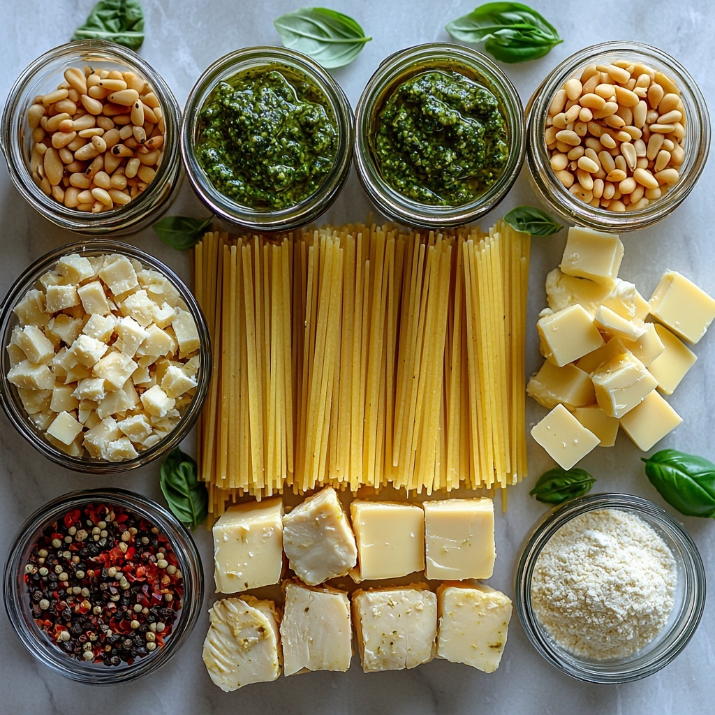 Creamy Pesto Pasta ingredients artfully arranged on a clean white marble surface: uncooked golden-yellow spaghetti bundled neatly, small glass bowls holding vibrant green pesto sauce, finely shredded pale yellow Parmesan cheese, and toasted light brown pine nuts scattered lightly nearby; raw boneless, skinless chicken breasts diced into perfect cubes, sprinkled with dried green basil and oregano flakes, fresh bright green basil leaves placed strategically for color contrast; a small dish of creamy off-white half and half and heavy cream side by side, a pat of rich golden butter next to a heap of fine all-purpose flour; glistening olive oil in a small clear jar and amber chicken broth in a clear bowl; salt and pepper condiments subtly arranged nearby. The scene is styled with soft natural lighting emphasizing the fresh textures and vibrant colors, with subtle shadows adding depth; all elements spaced thoughtfully to create a balanced and inviting composition, overhead shot, top down view, flat lay photography, professional food styling --ar 1:1 --q 2 --s 750 --v 6.1