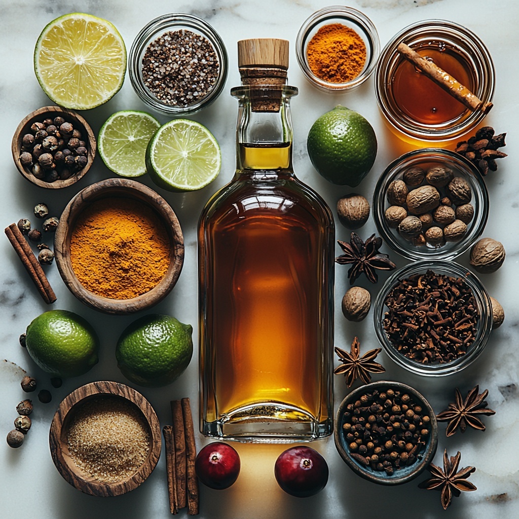 Tequila bottle with clear amber liquid, small glass measuring cup filled with fresh bright green lime juice, small glass container of vivid orange liqueur, deep red cranberry juice in a clear shot glass, small rustic bowl of warm brown ground cinnamon, tiny pinch bowl of finely grated nutmeg, dash bowl with dark allspice powder, small jar of golden amber agave syrup with a honey dipper, a coarse salt and sugar mix with cinnamon in a shallow dish, fresh lime wedges showing bright green rind and juicy pale green flesh. All ingredients artfully arranged on a clean white marble surface with natural light softly highlighting the rich colors and varied textures—powders contrasting with liquids and fresh lime segments, minimal shadows, subtle festive warmth, some cinnamon sticks and a wooden muddler placed casually nearby for added styling interest. overhead shot, top down view, flat lay photography, professional food styling --ar 1:1 --q 2 --s 750 --v 6.1