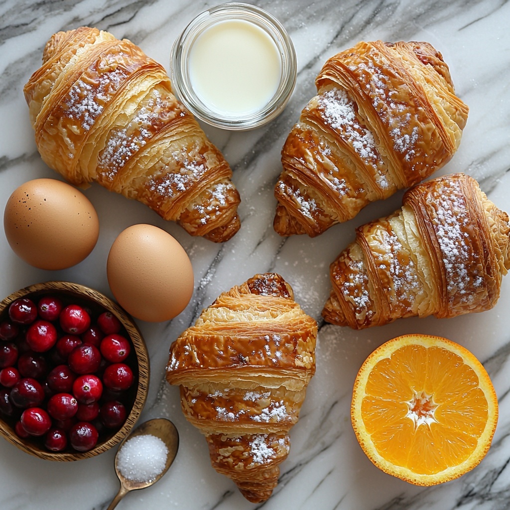 Crisp, golden-brown croissants torn open to reveal flaky layers, arranged artfully on a clean white marble surface; glossy, bright red fresh cranberries scattered nearby alongside a small rustic bowl filled with vibrant orange zest; smooth, creamy white whole milk and heavy cream poured in delicate glass measuring cups catching soft natural light; a set of large brown eggs in a recycled carton with one cracked open showing its rich yolk; a small wooden bowl of fine white sugar and another with warm brown cinnamon and nutmeg powders neatly sprinkled nearby; a halved juicy orange with visible texture and a glass dish holding fresh orange juice glistening invitingly; all ingredients spaced evenly with a balance of warm and cool tones, subtle shadows enhancing texture and depth, styled with minimalistic props like linen napkin folds and brushed silver spoons, fresh and inviting atmosphere, overhead shot, top down view, flat lay photography, professional food styling --ar 1:1 --q 2 --s 750 --v 6.1
