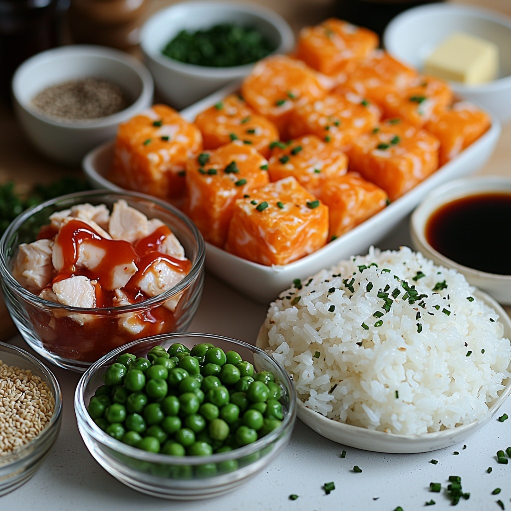A clean white surface with all main ingredients for Japanese Omurice artfully arranged in a balanced flat lay: a small glass bowl of diced cooked chicken breast with tender, pale pink and white pieces; a clear bowl of thawed frozen peas and bright orange carrots, vibrant and fresh; a bowl of fluffy, glossy short-grain cooked rice with a subtle sheen; finely chopped translucent onion piled neatly on a white ceramic dish; a small dish with smooth, shiny red ketchup; a tiny bowl of dark amber soy sauce with reflective surface; a minimalist dish of raw eggs with rich golden yolks and clear whites visible in a glass bowl; a small bowl with creamy white milk or cream; a pat of golden butter on a small plate; freshly chopped bright green onions or parsley scattered gently nearby; a pinch of coarse salt and black peppercorns in small white dishes; all ingredients spaced out with visual harmony, showcasing contrasting textures and vivid colors with soft natural lighting, subtle shadows, and minimal props to enhance freshness and appeal, overhead shot, top down view, flat lay photography, professional food styling --ar 1:1 --q 2 --s 750 --v 6.1