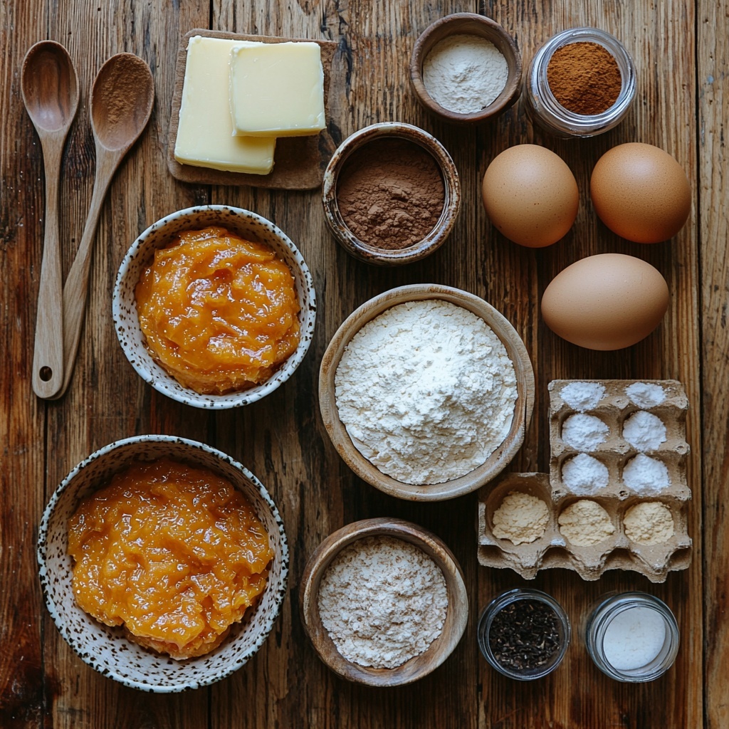 A clean, bright wooden surface with all the main ingredients for pumpkin snickerdoodle cookies neatly arranged in an inviting flat lay: a small bowl of smooth, vibrant orange pumpkin puree; a dish of softened unsalted butter with a creamy texture; piles of dark brown packed sugar and white granulated sugar showing fine, crystalline textures; two large brown eggs with smooth shells; a small glass jar of rich vanilla bean paste with visible specks; a rustic ceramic bowl heaped with fine, white all-purpose flour; a light beige box of instant vanilla pudding mix partially opened; a small bowl of powdered milk with a soft powdery look; tiny dishes holding warm-toned pumpkin pie spice and ground cinnamon powders, each with distinct cinnamon-brown hues; a pinch of cream of tartar and a small heap of baking soda with a fine, white, chalky texture; and a small bowl containing the mixed cinnamon sugar blend with speckled brown and white grains. The ingredients are spaced evenly with wooden spoons and measuring cups artistically placed nearby to add interest. Soft natural daylight casts gentle shadows enhancing textures, with a neutral linen cloth partially under some ingredients for added warmth. The composition is balanced and minimalistic, emphasizing the earthy autumnal tones and inviting the viewer into the baking process. Overhead shot, top down view, flat lay photography, professional food styling --ar 1:1 --q 2 --s 750 --v 6.1