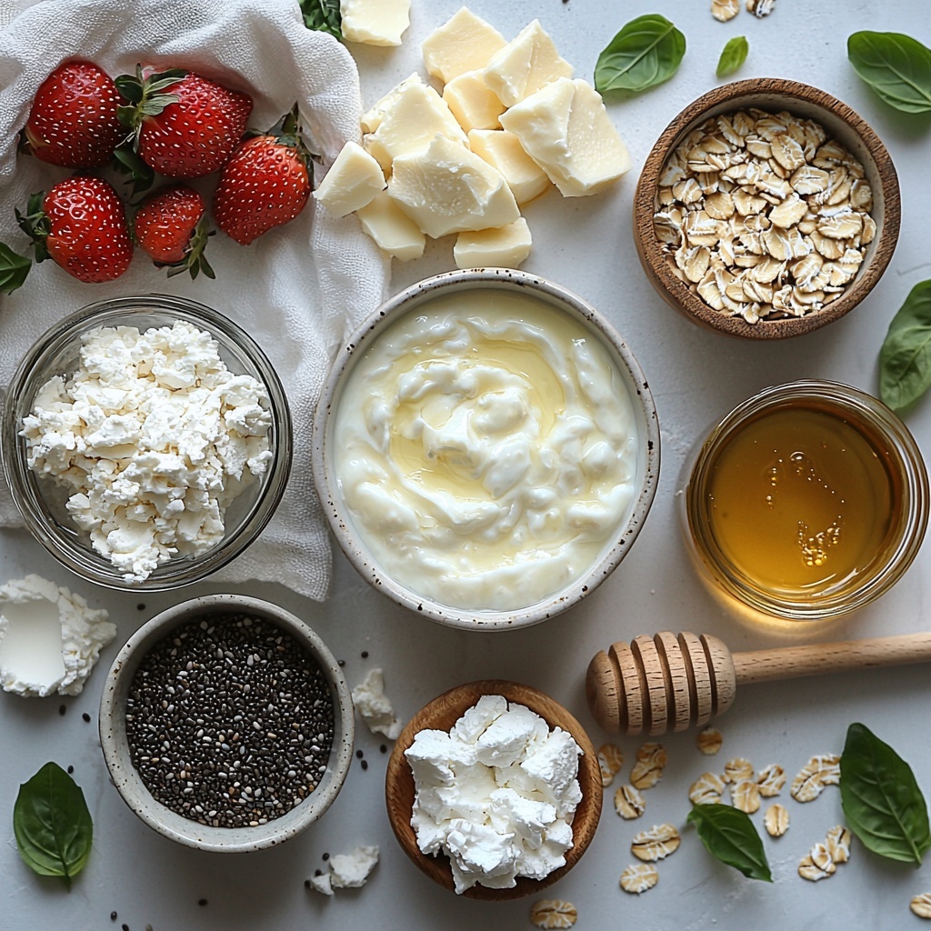 A clean white surface neatly arranged with the main ingredients for a creamy overnight oats recipe: a small glass bowl of creamy plain Greek yogurt with smooth texture, a clear measuring cup filled with creamy white milk (dairy or almond milk), a small ramekin holding fluffy softened cream cheese, a rustic wooden scoop filled with fine vanilla protein powder, a delicate glass jar of golden honey with a wooden honey dipper resting beside it, a small white dish of tiny black chia seeds, a rustic small bowl of rolled oats with a coarse texture, a small pile of finely chopped fresh bright red strawberries with green leafy tops nearby, a tiny white spoon with vanilla extract visible as a clear amber liquid, and a tiny pinch bowl with coarse salt crystals. The ingredients are spaced evenly with plenty of negative space, arranged in a semi-circle around a simple linen napkin, natural soft daylight illuminating from the side creating soft shadows and highlighting the contrasting textures—creamy, grainy, powdery, and juicy. Subtle touches of vintage wooden utensils, minimalistic ceramic bowls, and a fresh green strawberry leaf add pops of color and earthiness. Clean, airy, calm aesthetic with pastel tones emphasizing freshness and wholesome simplicity. overhead shot, top down view, flat lay photography, professional food styling --ar 1:1 --q 2 --s 750 --v 6.1