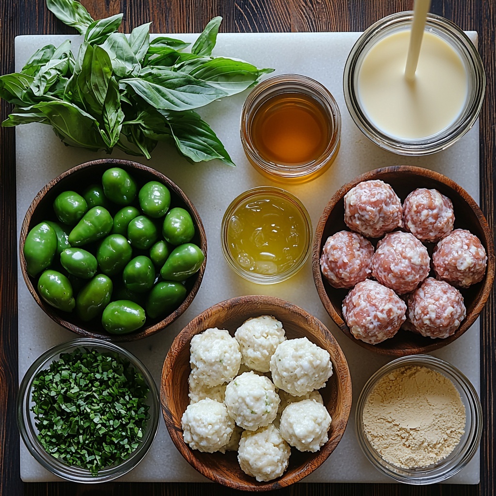 A clean white marble surface arranged with all the main ingredients for Slow Cooker Mississippi Meatballs: a rustic wooden bowl filled with bright green whole pepperoncini peppers, a small clear glass bowl of creamy off-white ranch dressing mix powder, another small bowl containing the deep brown au jus mix powder, a clear measuring cup with rich, dark beef broth, a small jug pouring smooth, pale ivory heavy cream, a small glass bowl with golden-yellow pepperoncini juice, and a neatly stacked bag of frozen beef meatballs wrapped in clear plastic. Natural light softly illuminating the scene, highlighting the vibrant green of the peppers and the contrasting textures—from powdery mixes to creamy liquids and frozen meatballs. Minimal shadows, subtle reflections on glass bowls, and some fresh green pepperoncini leaves casually scattered to add freshness and color balance. The ingredients are spaced evenly to create a balanced, inviting composition, with a clean and modern aesthetic emphasizing the natural colors and textures. overhead shot, top down view, flat lay photography, professional food styling --ar 1:1 --q 2 --s 750 --v 6.1