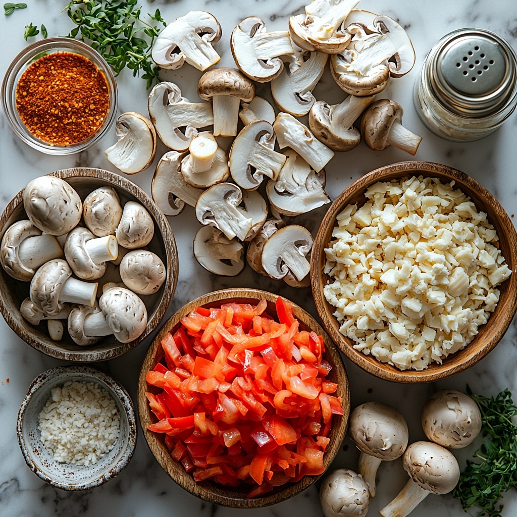 White button mushrooms with stems removed arranged neatly in a cluster on a clean white marble surface, small glass bowls containing finely chopped bright red bell pepper and pale yellow finely chopped onion placed symmetrically nearby, a rustic wooden bowl filled with flaky pale pink crab claw meat showing natural texture, a small white ramekin overflowing with shredded Gruyere cheese showcasing its creamy off-white color, a tiny vintage spoon resting on coarse golden seasoned panko breadcrumbs scattered gently to add texture, a small glass jar of Old Bay seasoning with its vibrant orange-red hue and a pinch bowl of garlic powder alongside salt and pepper shakers with visible grains, soft natural light casting mild shadows to emphasize textures, minimalistic and clean styling with subtle green herb sprigs for a fresh touch, overhead shot, top down view, flat lay photography, professional food styling --ar 1:1 --q 2 --s 750 --v 6.1