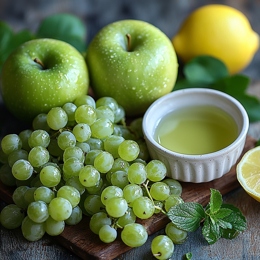 Green apples, cored and chopped into bite-sized pieces, bright green and crisp textures; a small pile of fresh green grapes, plump and glossy with a vibrant green hue; a clear glass measuring cup containing 120 ml of water reflecting light softly; a small white ceramic bowl with a smooth, pale yellow fresh lemon juice; all ingredients neatly arranged on a clean, white matte surface with ample natural light creating soft shadows; scattered green grape stems subtly placed for natural effect; a few fresh green apple leaves for accent; bright, fresh, and inviting color palette emphasizing varying shades of green and yellow; minimalistic styling with emphasis on textures—the smooth grapes, the crisp apple flesh, the glossy water, and the fresh lemon juice; overhead shot, top down view, flat lay photography, professional food styling --ar 1:1 --q 2 --s 750 --v 6.1