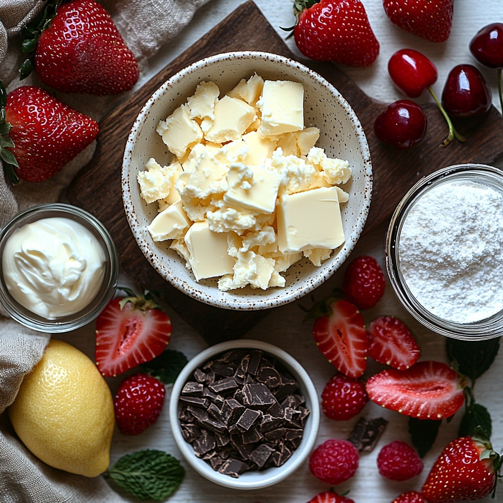 red velvet cake crumbs in a small rustic bowl with a wooden spoon, melted unsalted butter in a clear glass measuring cup showing golden liquid, granulated sugar in a white ceramic bowl, small glass vial of vanilla extract with amber liquid inside, full-fat cream cheese block with a smooth creamy texture on a white plate, granulated sugar scattered lightly on a linen cloth, fresh lemon with one half cut to reveal bright yellow juicy interior, a clear glass bottle of vanilla extract, three large eggs with smooth brown shells, sour cream in a small white bowl with a shiny surface, finely chopped fresh strawberries in a small white dish showing vibrant red color and seeds, a small bowl with glossy red strawberry puree, fresh hulled and chopped strawberries on a wooden board with deep red hues and green leaves, a small clear glass bowl with water, white cornstarch powder in a tiny ceramic bowl, powdered sugar slightly dusted around a silver spoon, heavy whipping cream in a chilled frosted glass bowl showing thick texture, whole and sliced fresh strawberries scattered artfully with bright red and green leaves, optional candied cherries with a glossy deep red finish and dark chocolate curls with silky texture, all ingredients arranged neatly on a smooth matte white surface with soft natural lighting highlighting colors and textures, subtle shadows adding depth, some ingredients grouped in rustic white and clear glass bowls, linen napkins in muted pastel tones gently folded nearby, minimalistic and clean styling emphasizing freshness and vibrancy, overhead shot, top down view, flat lay photography, professional food styling --ar 1:1 --q 2 --s 750 --v 6.1