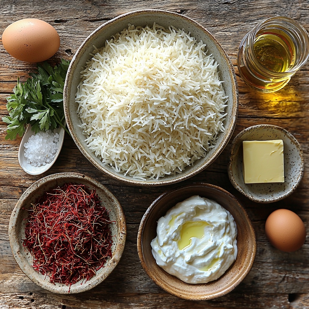 A clean, minimalist kitchen surface with the main ingredients for Persian Tahdig arranged neatly in a balanced flat lay style: a bowl of fluffy, rinsed basmati rice displaying its long grains and bright white color; a small clear glass bowl with vibrant crushed saffron threads soaking in golden-hot water, casting a warm amber glow; a small bowl of thick, creamy plain Greek yogurt, smooth and white; a fresh large egg with a smooth shell, pale beige; a small glass dish of golden-yellow vegetable oil or ghee shimmering under soft light; a teaspoon of coarse white salt arranged artistically on a white ceramic spoon; an optional small pat of pale yellow butter resting on a vintage butter knife; and a sprinkle of bright red barberries alongside fresh green chopped parsley for color contrast. The textures emphasize the delicate rice grains, creamy yogurt, and the moist saffron infusion, all placed on a rustic, light-toned wooden surface with soft natural lighting creating gentle shadows and highlights to enhance the ingredients’ freshness and vibrancy. The composition is airy, balanced, and thoughtfully styled for a cozy yet elegant Persian cooking vibe. Overhead shot, top down view, flat lay photography, professional food styling --ar 1:1 --q 2 --s 750 --v 6.1