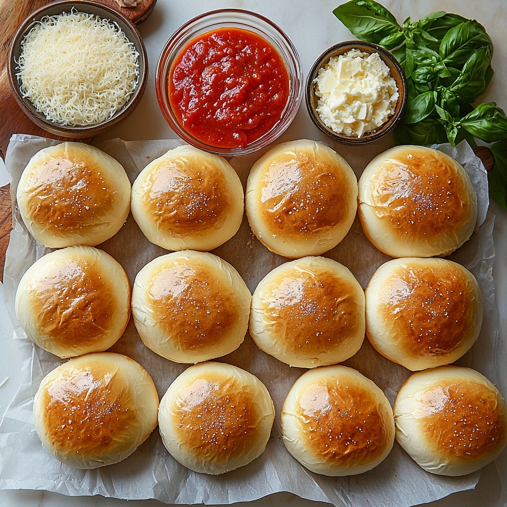 Twelve golden slider buns halved horizontally, arranged in a neat grid on a clean white marble surface; small clear bowl of vibrant red pizza sauce with smooth texture; generous pile of shredded mozzarella cheese with soft, fluffy white strands; bright red, glossy pepperoni slices fanned out in a circular pattern showing their slightly oily sheen; small glass bowl of melted butter with a pale yellow liquid; rustic wooden spoon sprinkled with Italian seasoning, a mix of green and brown dried herbs; tiny white bowl of fine garlic powder, soft and powdery; small mound of finely grated Parmesan cheese with a delicate crumbly texture on parchment paper; fresh basil leaves with deep green glossy surfaces scattered artfully around for a pop of color; all ingredients spaced evenly with minimalist styling, soft natural lighting casting gentle shadows to enhance textures, clean and bright with neutral backdrop emphasizing the vibrant colors and fresh ingredients, styled for appetizing, inviting flat lay photography — overhead shot, top down view, flat lay photography, professional food styling --ar 1:1 --q 2 --s 750 --v 6.1