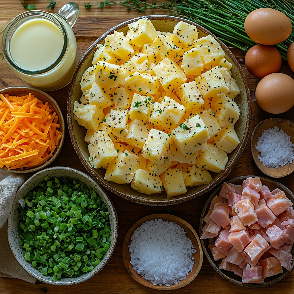 4 medium diced potatoes in a small rustic ceramic bowl, 1 cup bright orange shredded cheddar cheese neatly piled on a wooden cutting board, 4 large fresh brown eggs in a carton, ½ cup creamy white milk in a small glass pitcher, ½ cup chopped cooked ham or crispy bacon bits in a small white ramekin, ¼ cup vibrant green chopped green onions or chives scattered loosely next to a wooden spoon, 2 tablespoons soft golden butter on a vintage butter dish, coarse sea salt and cracked black pepper in small glass bowls; all ingredients thoughtfully spaced on a clean light wood surface with natural soft daylight casting gentle shadows, emphasizing rich textures and warm colors, styled with minimal rustic props like linen napkin and a sprig of fresh herbs; overhead shot, top down view, flat lay photography, professional food styling --ar 1:1 --q 2 --s 750 --v 6.1
