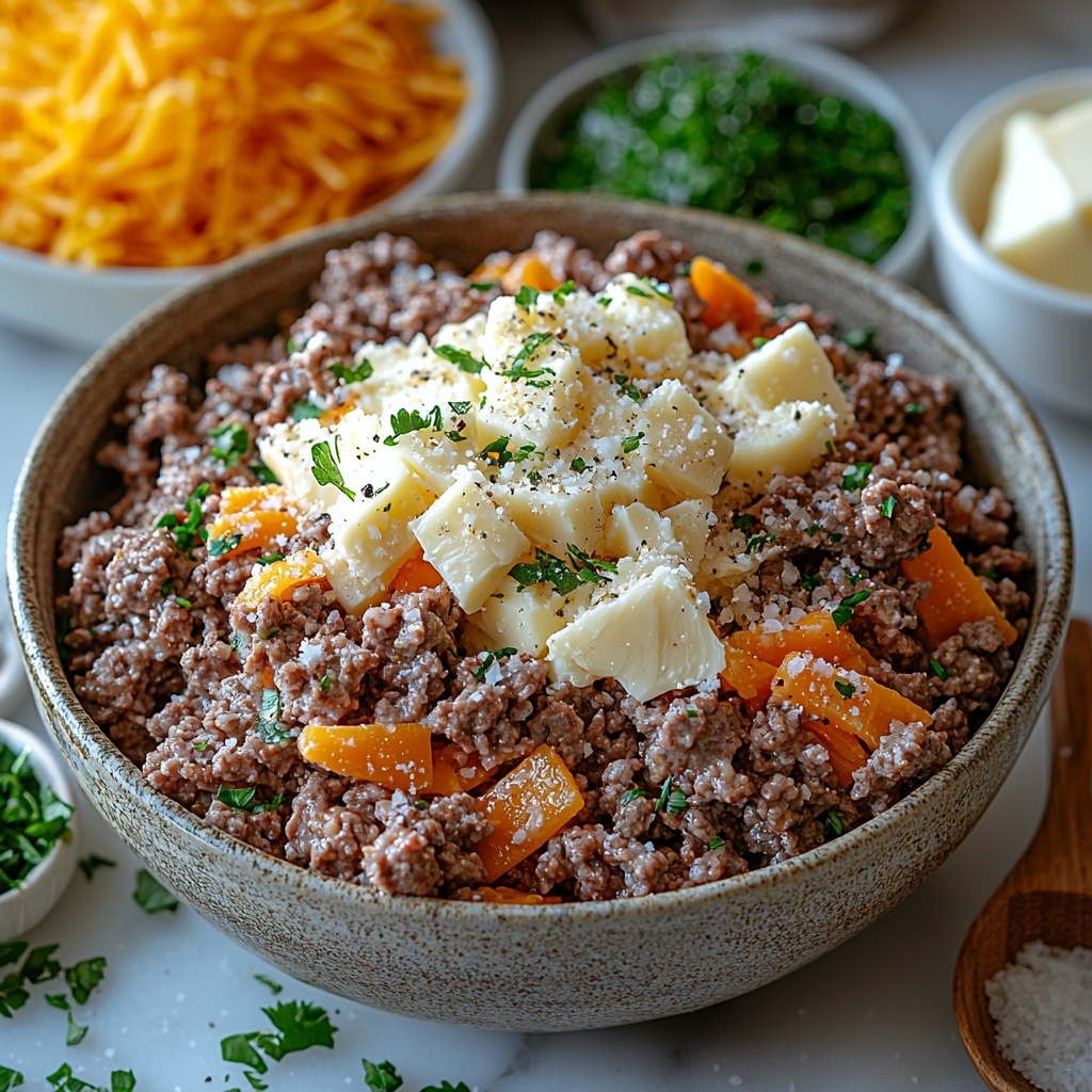 ground beef in a small rustic bowl showing its rich red texture, shredded cheddar cheese scattered loosely beside it with vibrant orange-yellow strands, opened refrigerated biscuit dough pieces fanned out on a white marble surface revealing soft, pale dough texture, a small mound of grated Parmesan cheese with fine, crumbly white flakes, a wooden spoon filled with golden garlic powder, a tiny white bowl with freshly chopped bright green parsley, coarse salt crystals and whole black peppercorns sprinkled artfully around, a small dish of melted butter with a glossy sheen, all arranged neatly on a clean white marble background with soft natural light highlighting the textures and colors, subtle shadows for depth, minimal props for a fresh and appetizing look, overhead shot, top down view, flat lay photography, professional food styling --ar 1:1 --q 2 --s 750 --v 6.1