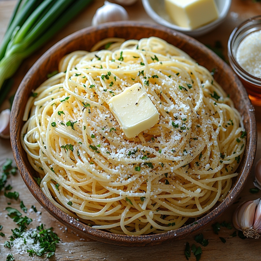 Spaghetti or linguine pasta neatly coiled in a small rustic bowl, six cloves of fresh garlic whole and some minced lightly scattered, four tablespoons of creamy unsalted butter on a small vintage butter dish, a clear glass measuring cup filled with light amber low-sodium soy sauce, a small white ceramic bowl containing fine granulated white sugar, two fresh green onions sliced thinly with some whole stalks arranged beside them. All ingredients are laid out on a clean, smooth light wood surface with soft natural lighting enhancing the warm golden tones of the butter and pasta, the sheen of the soy sauce, and the bright green freshness of the onions. Minimalistic styling with a few small sprigs of herbs for accent and subtle shadows for depth, emphasizing texture and color contrast. Overhead shot, top down view, flat lay photography, professional food styling --ar 1:1 --q 2 --s 750 --v 6.1
