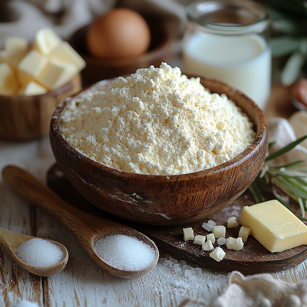 bread flour in a rustic ceramic bowl with fine white powder texture, small glass jar of granulated sugar sparkling under soft light, tiny wooden spoon filled with white salt crystals, small bowl with pale powdery dry milk, bowl with tan instant yeast granules, glass measuring cup with creamy warm milk, small glass bowl of glossy heavy cream, single brown egg resting on a linen napkin, slab of soft unsalted butter with a pale yellow hue on a wooden board, all ingredients neatly arranged on a clean white marble surface, natural soft light highlighting textures and colors, slight shadows for depth, minimalistic Japanese-inspired styling with subtle props like wooden spoons and linen cloth, overhead shot, top down view, flat lay photography, professional food styling --ar 1:1 --q 2 --s 750 --v 6.1
