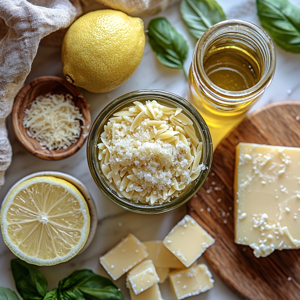 Avocado oil in a small glass jar with a golden green hue, finely chopped shallot in a small white bowl showing pale purple and white layers, uncooked orzo pasta scattered loosely in a natural beige color with smooth, rice-shaped grains, chicken stock in a clear measuring cup with a warm amber tone, unsalted butter as a bright creamy yellow block on a small wooden board, heavy cream in a small white ceramic jug with glossy white texture, half a lemon sliced showing vibrant yellow rind and juicy flesh with zest sprinkled nearby, a heap of grated parmesan cheese with off-white, slightly crumbly texture on a small plate, fresh chopped basil leaves with bright green color and delicate veins, all arranged neatly on a clean white marble surface, shadows soft and natural, balanced spacing with ingredients slightly overlapping to create harmony, subtle rustic kitchen props like a wooden spoon and linen napkin partially visible for warmth, soft natural lighting emphasizing textures and vibrant colors, overhead shot, top down view, flat lay photography, professional food styling --ar 1:1 --q 2 --s 750 --v 6.1