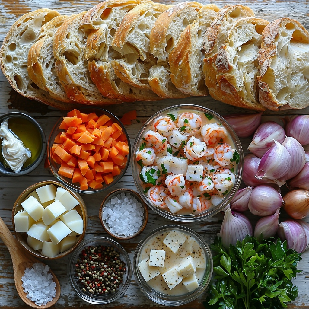 A clean white rustic wooden surface with all main ingredients neatly arranged for a vibrant flat lay: a whole round loaf of crusty sourdough bread with a golden-brown crust, a small glass bowl filled with a colorful mixed seafood medley of pink shrimp, white crab meat, and creamy scallops, a clear glass measuring cup of thick white heavy cream, a small bowl with translucent pale yellow fish stock, diced onions in soft white and pale purple tones, diced celery with fresh green hues, diced carrots in bright orange cubes, two cloves of garlic peeled and minced with fine white texture, a small dish of golden olive oil with a glistening surface, a vintage teaspoon filled with finely ground Old Bay seasoning with warm reddish and brown spices, small piles of coarse sea salt and cracked black pepper, and fresh bright green parsley sprigs for garnish. The ingredients are spaced evenly with organic, natural shapes creating visual balance, soft natural daylight highlighting the contrasting textures and vibrant colors, shadows gently diffused, styled with clean minimalism and subtle rustic charm, evoking freshness and approaching the anticipation of a cozy seafood soup. overhead shot, top down view, flat lay photography, professional food styling --ar 1:1 --q 2 --s 750 --v 6.1