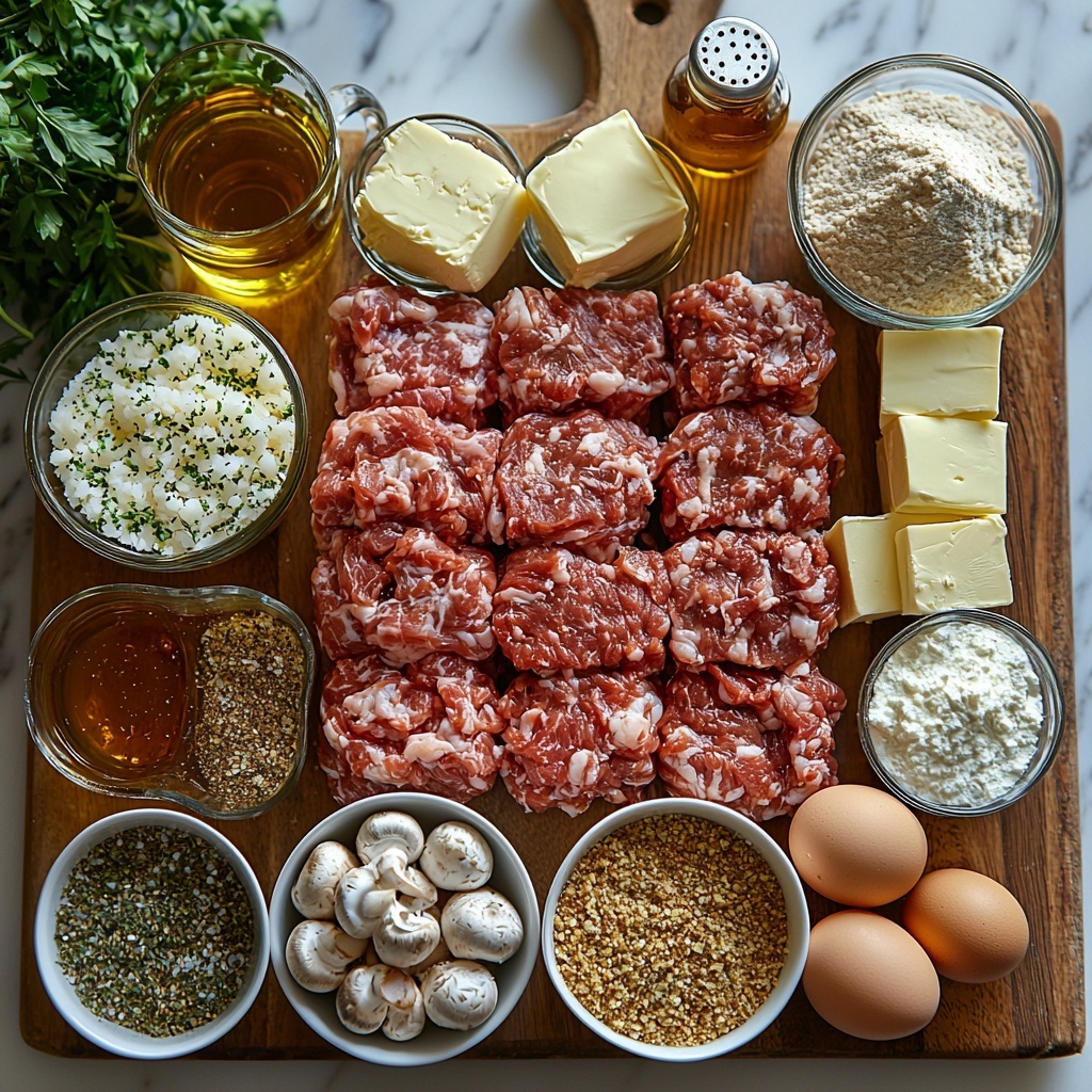 Italian breadcrumbs in a small white bowl, a glass measuring cup with half-and-half, raw ground beef and ground pork portions side by side on a wooden cutting board, small piles of salt, pepper, dried oregano, parsley, thyme, and paprika arranged in tiny white ramekins, a wedge of parmesan cheese with a fine grater, a small bowl with a whisked egg, minced garlic cloves scattered loosely on parchment paper, two clear glass bowls with rich beef broth and chicken broth, a single beef bouillon cube on a slate tile, small dishes with Worcestershire sauce and Dijon mustard, a small glass bowl of olive oil glistening, a cluster of baby bella and white button mushrooms cleaned and dry, a wine glass filled halfway with dry white wine, butter sticks neatly arranged on a wooden tray, a mortar bowl containing flour, a dollop of sour cream on a ceramic spoon, and a bundle of uncooked egg noodles coiled loosely on a linen napkin; the ingredients are artfully arranged on a clean white marble surface with natural light casting soft shadows, emphasizing varied textures from smooth liquid to coarse breadcrumbs, vibrant earth tones of mushrooms and meats contrasted with creamy whites and golden yellows, styled with rustic props and minimal greenery for a fresh, inviting kitchen feel—overhead shot, top down view, flat lay photography, professional food styling --ar 1:1 --q 2 --s 750 --v 6.1