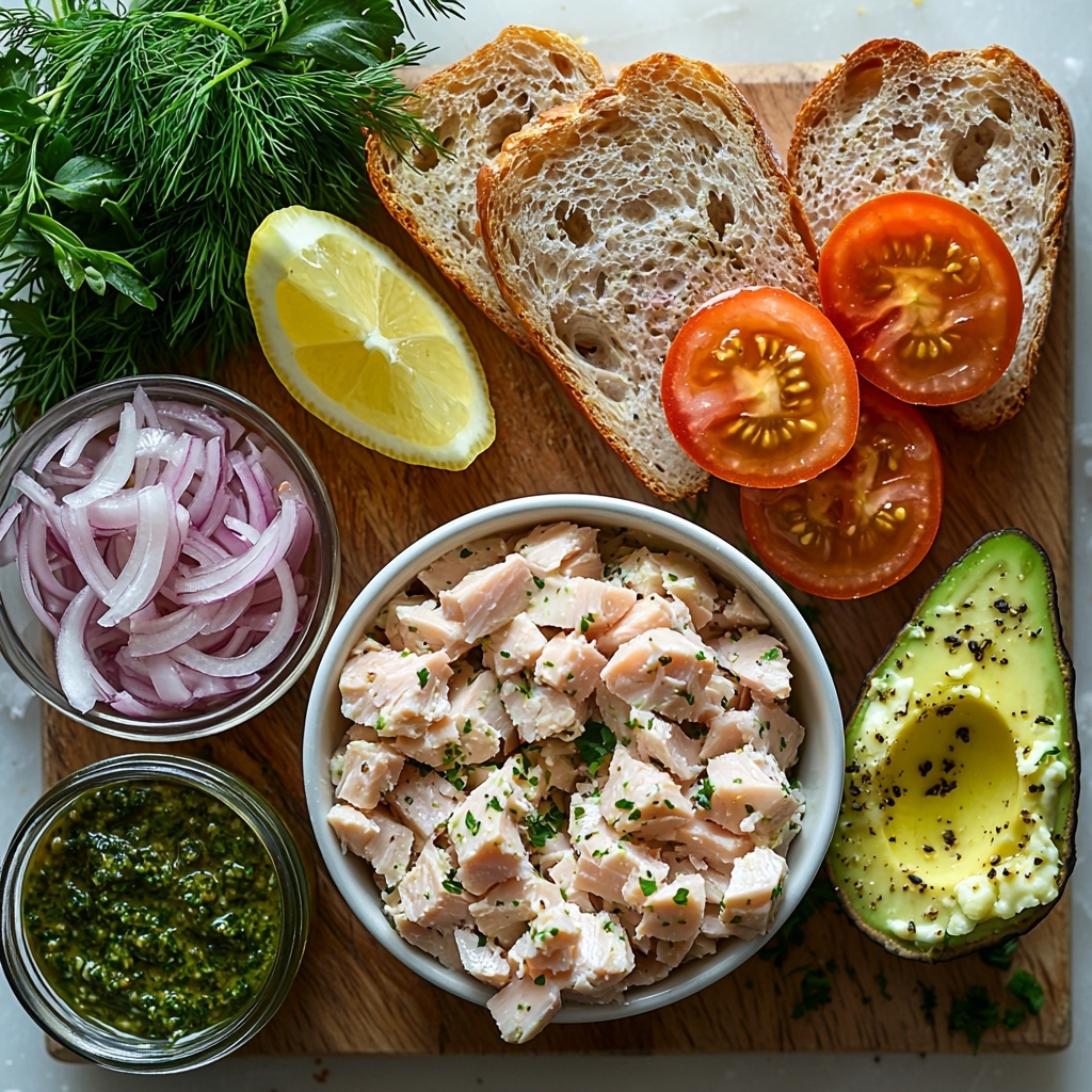tuna flakes in a small white bowl, finely diced red onion scattered nearby in a small clear glass dish, drained capers in a tiny ceramic bowl, fresh bright green dill sprigs loosely arranged, a spoonful of creamy plain Greek yogurt with visible smooth texture on a white dish, a small jar of vibrant yellow Dijon mustard, a wedge of lemon with a glossy surface, golden toasted whole wheat bread slices stacked slightly offset showing crumb texture, mashed avocado spread artfully on a rustic wooden board showcasing its creamy green hue, a few ripe red tomato slices with fresh seeds glistening, a dollop of vivid green pesto on a small dish, coarse salt and black pepper sprinkled sparingly around, all ingredients arranged neatly on a pristine white marble surface with soft natural lighting that enhances colors and textures, minimal shadows, styled with fresh herbs and wooden spoons to add warmth and rustic charm, overhead shot, top down view, flat lay photography, professional food styling --ar 1:1 --q 2 --s 750 --v 6.1