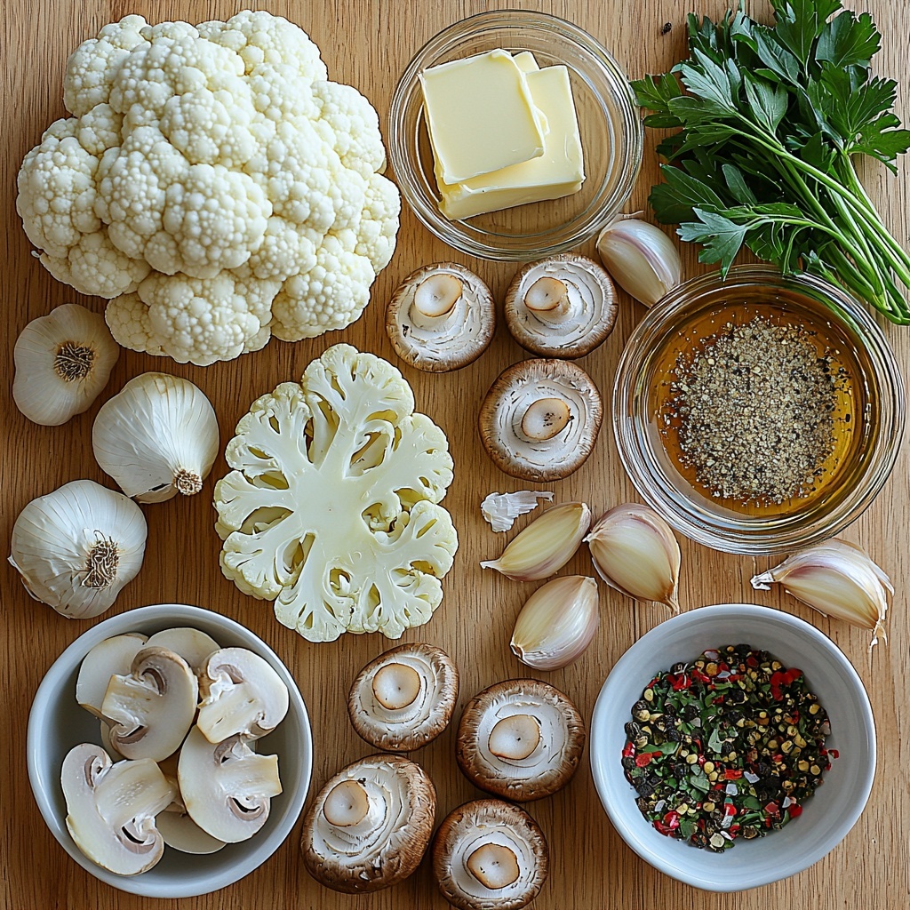 A clean, light-colored wooden surface neatly arranged with fresh cooking ingredients for a cauliflower mushroom skillet recipe. Half a head of cauliflower, cut into small white florets with subtle green accents, placed prominently center-left. Next to it, a cluster of cremini mushrooms, halved and quartered, showing their smooth brown caps and creamy white interiors. A small yellow onion sliced into thin crescent rings arranged in a loose pile revealing layered texture and translucent edges. Three garlic cloves minced finely in a small white ceramic bowl beside the onion, highlighting their pale, slightly glossy appearance. A small glass bowl with a quarter cup of rich golden unsalted butter, adjacent to a matching bowl of glossy, greenish-gold olive oil. A clear, small bowl containing low-sodium vegetable broth, its light amber liquid reflecting soft light. Small white porcelain spoons hold Italian seasoning – a mix of dried green herbs, and red pepper flakes – bright red, adding a pop of color. Sprigs of fresh parsley, vibrant green with delicate leaves, scattered artfully nearby. A pinch bowl filled with salt and freshly ground black pepper, the pepper coarsely cracked. The ingredients are spaced evenly with natural shadows, styled for clarity and visual appeal, evoking freshness and preparation. Overhead shot, top down view, flat lay photography, professional food styling --ar 1:1 --q 2 --s 750 --v 6.1