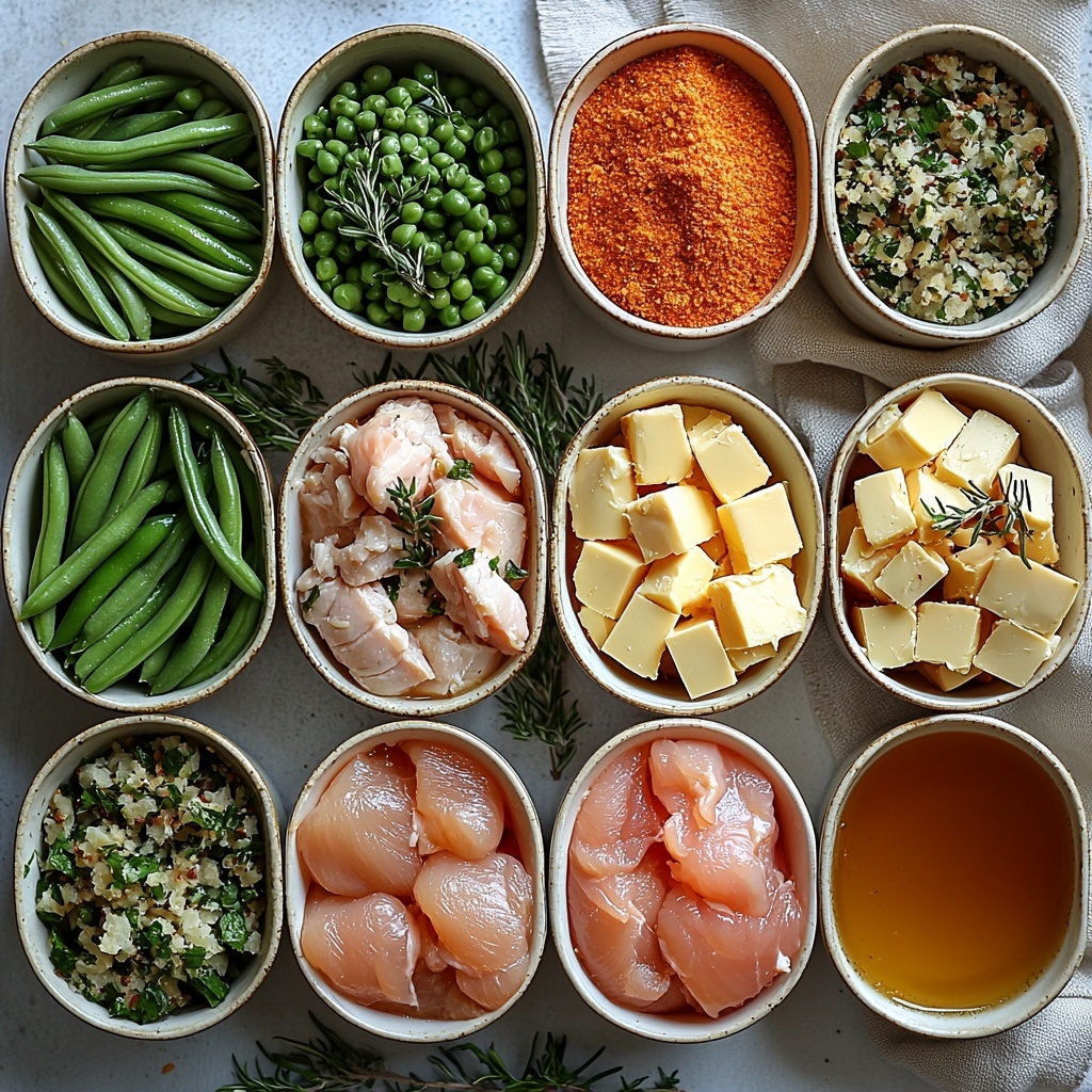 slow cooker chicken stuffing ingredients arranged neatly on a clean white surface: raw chicken breasts plump and pink, fresh or frozen green beans vibrant green and crisp, peeled garlic cloves and minced garlic in a small bowl, a small bowl with pale golden melted butter, two cans of cream of chicken soup with smooth creamy texture in open containers, a box of stovetop stuffing mix with visible dried herbs and bread crumbs, a small bowl of golden chicken broth, and a teaspoon of Italian seasoning scattered artfully nearby. natural daylight highlights the varied textures—soft chicken, glossy green beans, creamy soup, crumbly stuffing mix—styled with rustic white ceramic bowls and a neutral linen napkin. minimal shadows, clean and bright aesthetic emphasizing freshness and comfort food vibe. overhead shot, top down view, flat lay photography, professional food styling --ar 1:1 --q 2 --s 750 --v 6.1