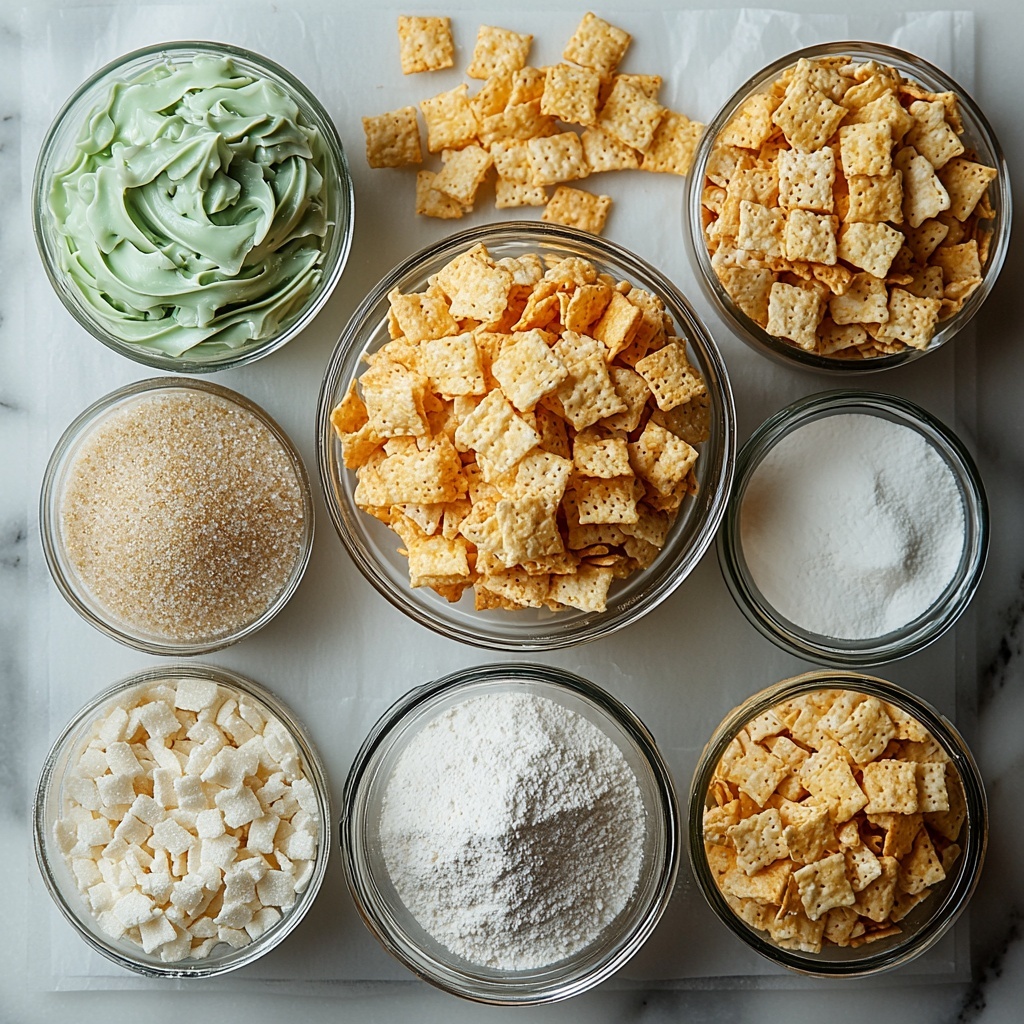 A clean white surface featuring six cups of crunchy Rice Chex cereal in a large glass bowl, a small clear bowl of smooth, glossy Wilton’s green icing, half a cup of fine powdered sugar in a white ceramic dish, three-quarters cup of pale beige sugar cookie mix in a rustic bowl, a small glass jar filled with shiny gold sprinkles spilling slightly, and a couple of clear gallon-size zip-top baggies casually placed nearby. The ingredients are neatly arranged with slight spacing, showcasing contrasting textures from the airy cereal to the glossy green frosting and sparkling sprinkles. Soft natural lighting highlights the vibrant green color of the icing and the warm, neutral tones of the cereal and sugar mixes, with subtle shadows adding depth. Minimalist styling with a touch of rustic charm, parchment paper visible underneath a baking sheet edge in the frame for context. overhead shot, top down view, flat lay photography, professional food styling --ar 1:1 --q 2 --s 750 --v 6.1