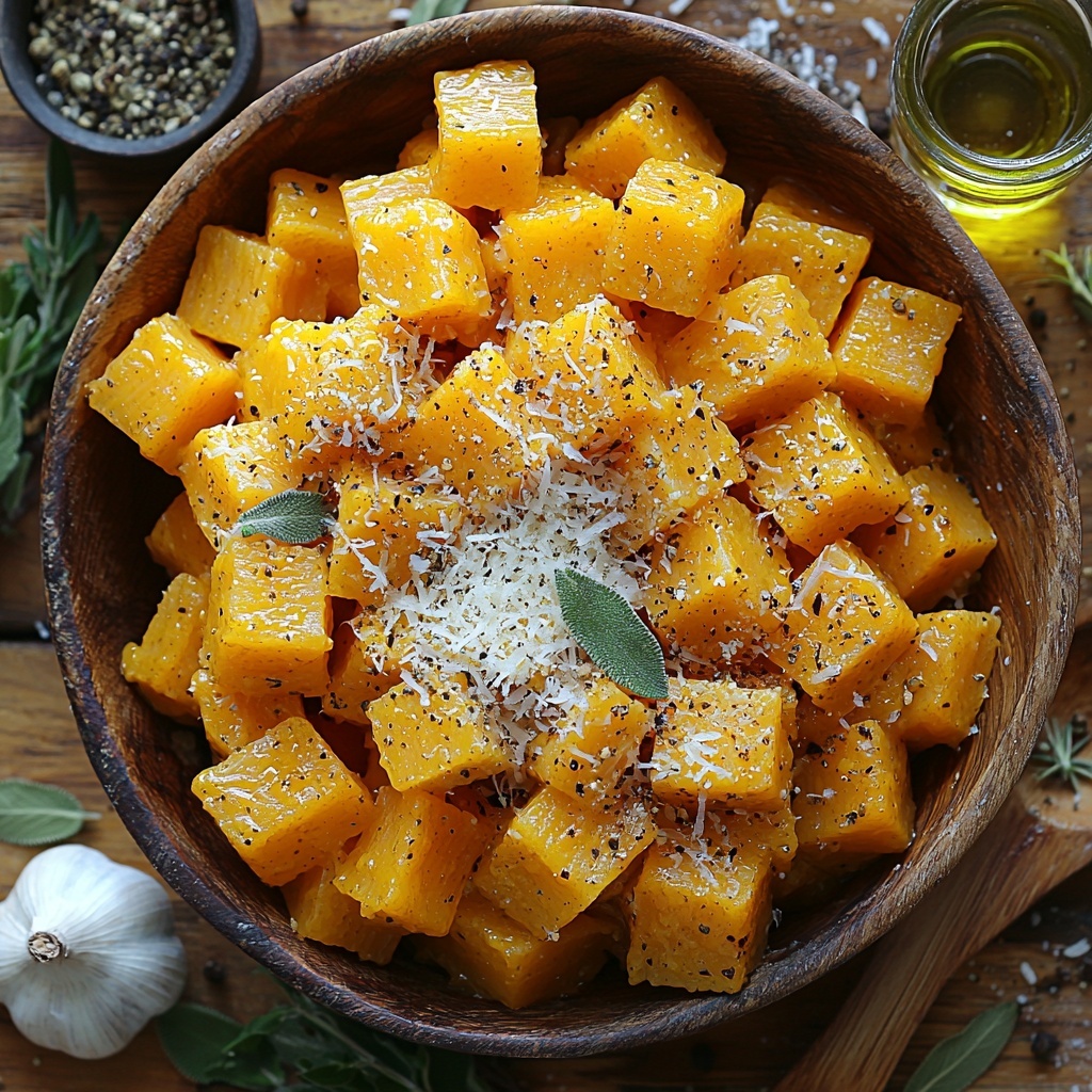 Butternut squash cubes in a small rustic bowl, a mound of dry pasta (fettuccine or penne) neatly twirled, a glass dish with creamy Parmesan cheese shavings, a small bowl of golden olive oil, finely chopped white onion scattered lightly on a wooden spoon, two garlic cloves whole and peeled, fresh green parsley and sage leaves artfully placed nearby, a small ceramic cup filled with light golden vegetable broth, a vintage salt cellar with coarse sea salt crystals, a small black pepper grinder tipped on its side with a few peppercorns spilled, and a sprig of dried thyme or sage. All ingredients arranged on a clean, light wood surface with soft natural light highlighting the varied textures of creamy cheese, smooth squash, translucent onion, and rustic pasta. Slight shadows add depth and warmth. Composition balanced with thoughtful spacing and contrasting colors—warm orange, creamy white, fresh green, and golden hues. Overhead shot, top down view, flat lay photography, professional food styling --ar 1:1 --q 2 --s 750 --v 6.1