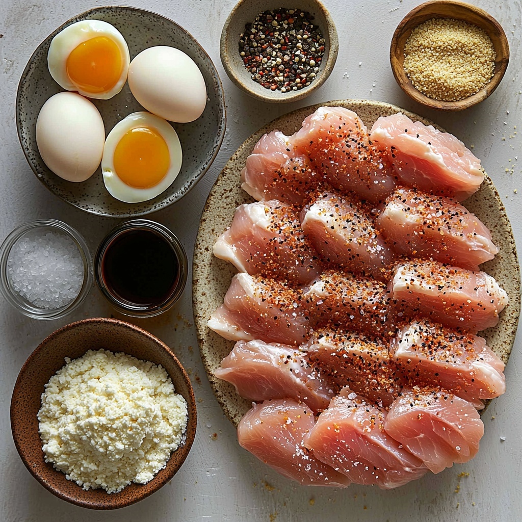 A clean white surface neatly arranged with the main ingredients for Chicken Katsu: four raw chicken cutlets flattened and seasoned lightly with salt and black pepper sprinkled on top; a small mound of white all-purpose flour in a shallow round bowl; two large eggs beaten to a smooth yellow liquid in a transparent glass bowl; a generous heap of golden, crispy panko bread crumbs in a rustic ceramic bowl; a small glass dish filled with dark, glossy tonkatsu sauce with rich reddish-brown hues; a small bottle or jar of vegetable oil with a subtle golden tint placed nearby; scattered coarse salt crystals and freshly ground black peppercorns artfully placed around for texture; natural soft daylight illuminating the textured surfaces highlighting the contrast between smooth eggs, fluffy panko, and pale chicken skin; minimalistic styling with subtle shadows for depth; slight rustic wooden or neutral textured props on the edges to frame the composition; overhead shot, top down view, flat lay photography, professional food styling --ar 1:1 --q 2 --s 750 --v 6.1