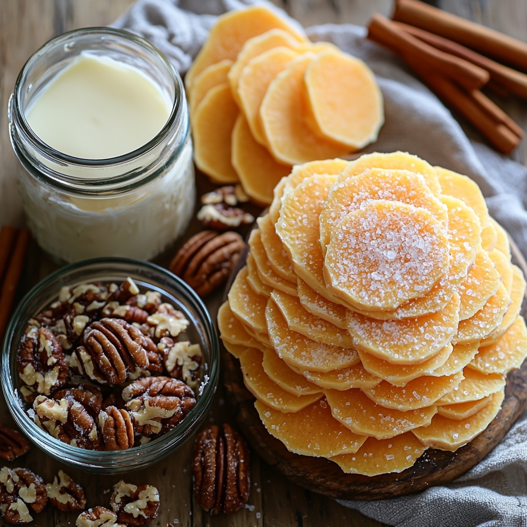 Sweet potatoes peeled and thinly sliced in neat overlapping stacks, a small vintage bowl of rich golden unsalted butter, a rustic ceramic bowl filled with packed dark amber brown sugar, delicate cinnamon and nutmeg spices sprinkled artfully on a natural linen cloth, fine grains of salt in a small white porcelain dish, a glass measuring cup with smooth creamy white heavy cream, a tiny glass jar containing clear vanilla extract, a small bowl of roughly chopped glossy pecans showing varied textures, a lightly buttered baking dish lightly greased, all arranged carefully on a clean light wooden surface with warm natural sunlight casting soft shadows, colors highlighting warm orange sweet potatoes, creamy white and golden browns, soft textures contrasting glossy nuts and fine sugar crystals, minimalistic flourishes of dried cinnamon sticks and whole nutmeg pods placed for natural accents, cozy and inviting atmosphere, overhead shot, top down view, flat lay photography, professional food styling --ar 1:1 --q 2 --s 750 --v 6.1