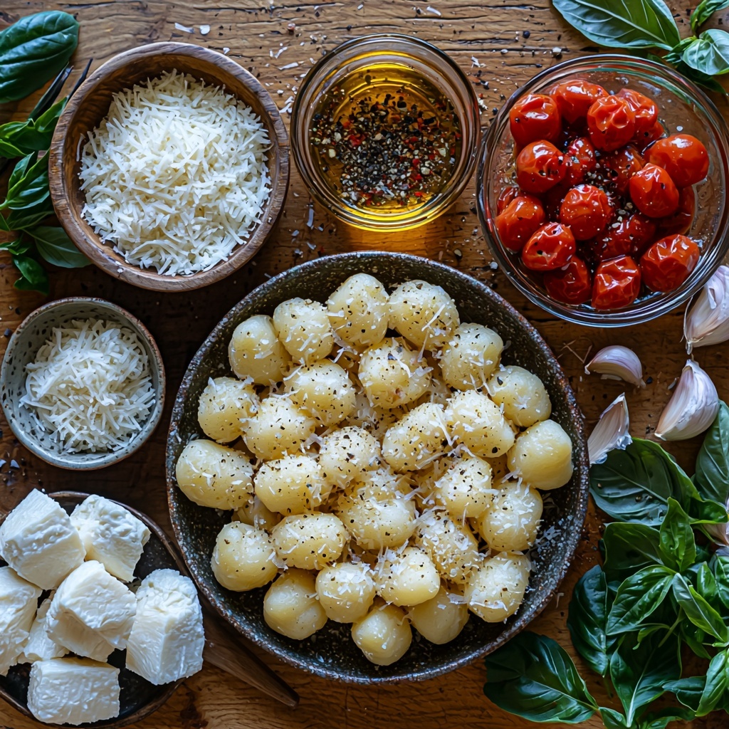 potato gnocchi in small mound with pillowy, soft texture; two tablespoons olive oil in a small glass dish showing golden, glossy liquid; three cloves garlic, some whole and some minced, creamy white with papery skins; a rustic can of crushed tomatoes spilling vibrant deep red crushed tomatoes with visible seeds; a small bowl of Italian seasoning with green and brown herb flakes; a bowl of finely grated Parmesan cheese, pale yellow and fluffy; a bowl of shredded mozzarella cheese, white and stringy texture; all ingredients neatly spaced out on a clean, light-colored wooden surface with natural soft lighting emphasizing colors and textures, slight shadows for depth, styled with a few fresh basil leaves and a vintage silver spoon for contrast; overhead shot, top down view, flat lay photography, professional food styling --ar 1:1 --q 2 --s 750 --v 6.1