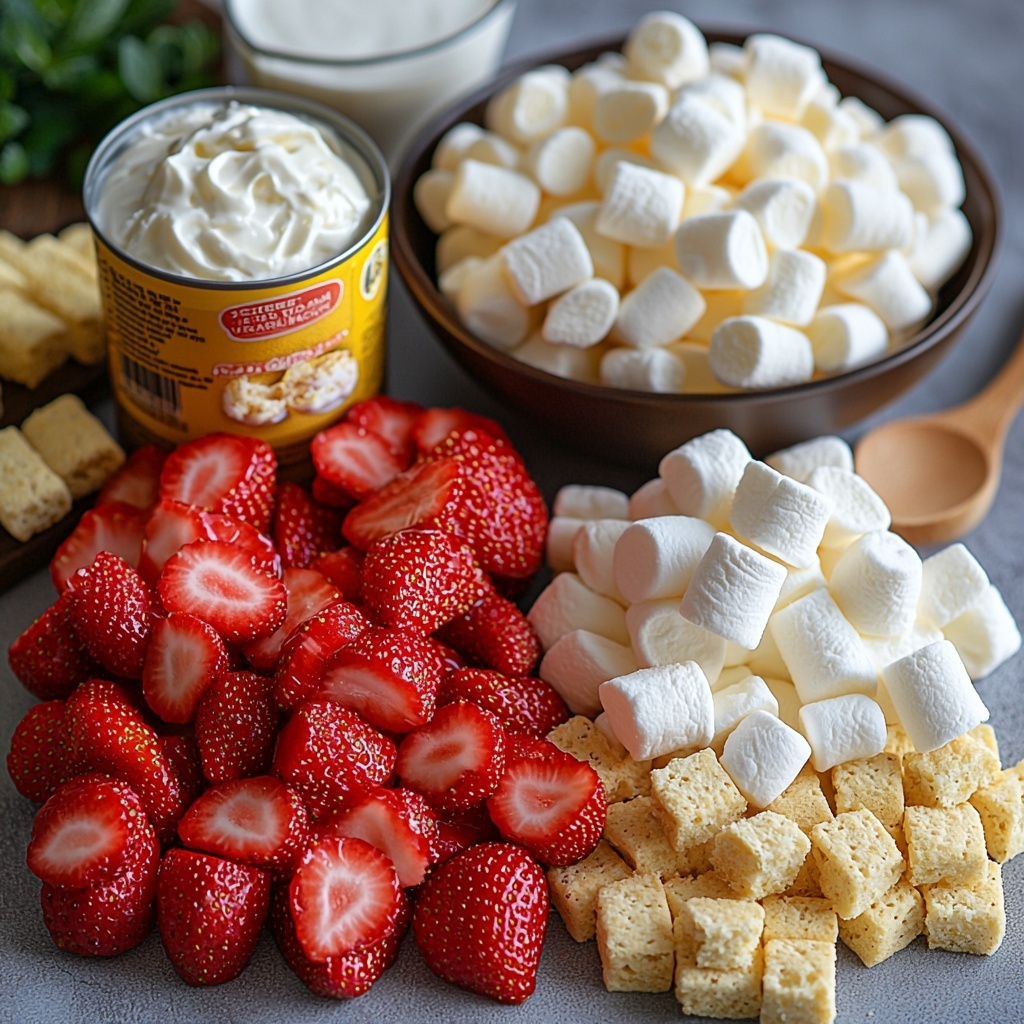 Fresh sliced strawberries in vibrant red, cubed golden pound cake pieces, a bowl of fluffy white whipped topping, a small pile of soft, pillowy mini marshmallows, an open can of smooth, creamy sweetened condensed milk with its shiny surface visible, scattered crushed golden-brown graham crackers, a box of instant vanilla pudding with soft yellow packaging, and a small block of smooth cream cheese with a creamy white texture—all artfully arranged with balanced spacing on a pristine white surface. The colors contrast beautifully: bright reds, warm yellows, soft whites, and subtle browns, highlighting the freshness and varied textures from juicy fruit to airy marshmallows and dense cake cubes. Natural soft lighting enhances the textures and creates gentle shadows, adding depth while maintaining an inviting, clean, and fresh look. Minimalistic props like a wooden spoon or small glass bowls with some ingredients give a cozy, homemade feel without cluttering the frame. Overhead shot, top down view, flat lay photography, professional food styling --ar 1:1 --q 2 --s 750 --v 6.1
