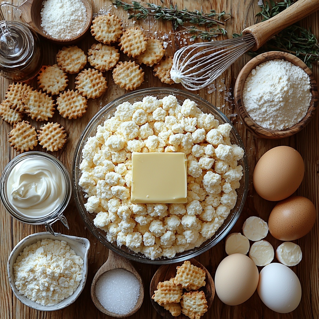 Vanilla wafer crumbs in a small clear bowl, golden and crumbly texture; a pat of melted salted butter in a small glass dish, glossy and rich; light brown sugar in a wooden scoop, soft and slightly moist granules; smooth cream cheese block at room temperature, creamy white and dense; packed light brown sugar in a rustic ceramic bowl, deep caramel color; all-purpose flour loosely piled on a clean white surface, fine and powdery texture; sour cream in a small white ramekin, silky and thick with a slight gloss; a small glass bottle of vanilla extract with dark amber liquid; four large eggs and two separated egg yolks in a small white bowl, vibrant yellow and glossy; granulated sugar in a vintage metal spoon, sparkling white crystals; a glass measuring cup of milk, clear and fresh with light reflections; a small cube of salted butter with smooth edges; a tiny dish of cornstarch, pure white and powdery; scattered vanilla wafers adding a warm golden-brown element; utensils including a whisk and wooden spoon arranged casually nearby, all placed neatly on a clean, light wooden surface with soft natural lighting and minimal shadows, styled with subtle rustic props like a linen napkin and gentle sprigs of fresh herbs for color contrast, emphasizing warm tones and varied textures, overhead shot, top down view, flat lay photography, professional food styling --ar 1:1 --q 2 --s 750 --v 6.1