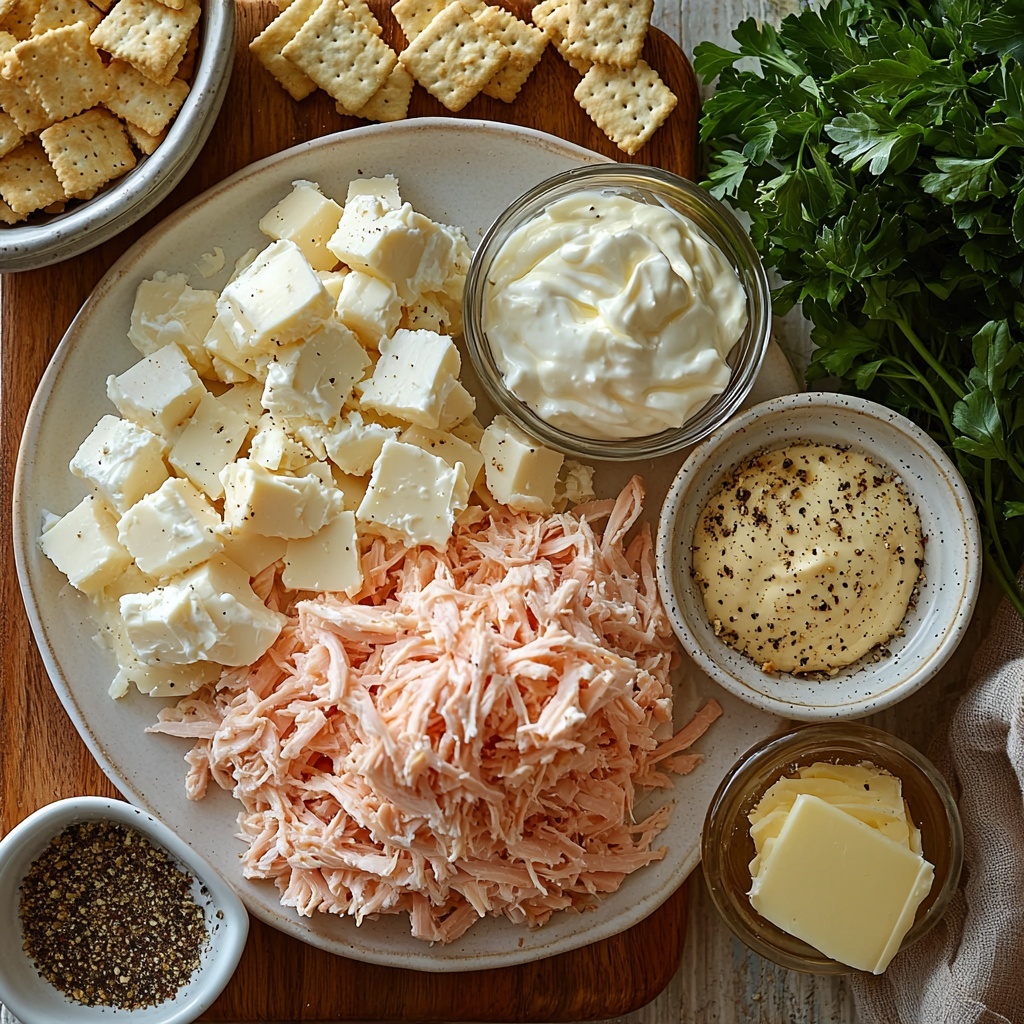 Chicken Cordon Bleu Casserole ingredients flat lay: shredded cooked chicken piled loosely on a rustic white ceramic plate, chopped pink deli ham in a small clear glass bowl, a small heap of shredded Swiss cheese with pale yellow and creamy white tones on a wooden board, an open can of creamy white cream of chicken soup with a spoon resting inside, a small white ramekin filled with smooth sour cream, a tiny bowl of golden Dijon mustard, small piles of fine garlic powder and onion powder alongside a pinch of black pepper on a white dish, a mound of crushed Ritz crackers with golden crispy texture on parchment paper, a small glass bowl with melted butter shining golden and glossy, sprigs of fresh bright green chopped parsley scattered artistically nearby. All arranged on a clean light natural wood surface with soft natural daylight casting gentle shadows, minimal props for a fresh, inviting, and homey feel. Overhead shot, top down view, flat lay photography, professional food styling --ar 1:1 --q 2 --s 750 --v 6.1