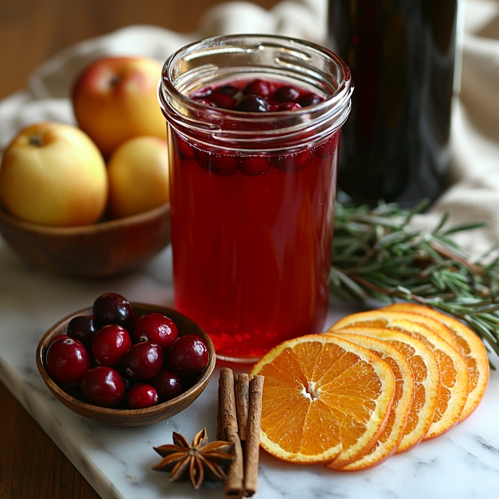 Cranberry apple juice cocktail in a clear glass measuring cup showing rich red liquid, a small bowl of granulated white sugar, two bright orange thinly sliced rounds fanned out on a rustic wooden surface, a small pile of fresh halved deep red cranberries with glossy textures, two fresh vibrant green rosemary sprigs placed diagonally, two dark brown cinnamon sticks with rough bark texture, three star anise pods with star-shaped form and warm brown hue, a few whole dark brown cloves scattered artfully, a small wooden bowl filled with thinly sliced pale yellow-green apples showing crisp texture, a chilled bottle of pinot grigio with condensation droplets visible, all items arranged neatly and spaced evenly on a clean white marble countertop with soft natural daylight casting gentle shadows, styled with minimal props, neutral linen napkin folded softly to one side, subtle hints of rustic elegance and freshness, overhead shot, top down view, flat lay photography, professional food styling --ar 1:1 --q 2 --s 750 --v 6.1