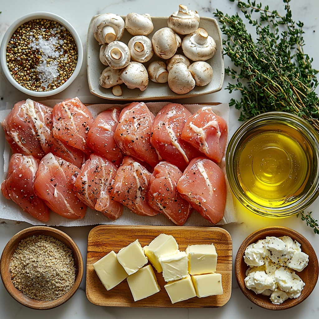 boneless skinless chicken breasts, fresh whole and raw, plump and pale pink; small bowl of coarse salt and freshly ground black pepper; small jar of smooth Dijon mustard with spoon; glass bottle of golden olive oil with reflective highlights; cube of creamy butter on white parchment paper; finely chopped small onion in a white ceramic bowl; minced garlic cloves on rustic wooden spoon; bowl of finely chopped white and cremini mushrooms showing earthy tones; fresh thyme sprigs with small green leaves; small transparent glass with pale dry white wine; dollop of soft cream cheese on white plate; bunch of freshly chopped bright green parsley; single sheet of golden puff pastry rolled out on floured surface with flour dust; small bowl with beaten egg wash, glossy and vibrant yellow; scattered coarse flour on a clean white marble countertop; natural soft daylight from one side casting gentle shadows; ingredients neatly arranged with visual balance and variety of textures and colors; overhead shot, top down view, flat lay photography, professional food styling --ar 1:1 --q 2 --s 750 --v 6.1