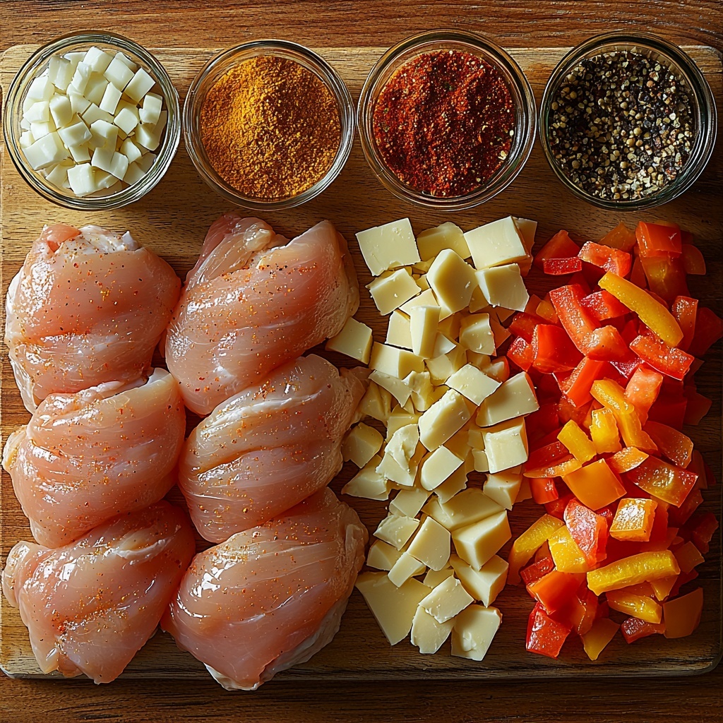 Flat lay photography of the main ingredients for Spicy Stuffed Chicken Breast with Peppers arranged neatly on a clean, light wood surface. Four raw boneless, skinless chicken breasts are spaced evenly, showcasing their smooth, pale pink texture. Nearby, a small bowl contains 1.5 tbsp golden California Olive Ranch extra virgin olive oil with a slight sheen. A clear glass bowl holds finely diced translucent white onion, and another bowl displays vibrant diced red, yellow, and green bell peppers cut into uniform 1/4-inch pieces, adding bright pops of color. Two peeled garlic cloves and a small dish of minced garlic are artfully placed beside rustic wooden spoons. A stack of 10 thinly sliced provolone cheese pieces with creamy white color is fanned out elegantly. Small bowls with warm reddish-brown Cajun seasoning, coarse sea salt, and freshly ground black peppercorns add contrasting earthy and dark speckled textures. Soft natural daylight from one side casts gentle shadows, highlighting the freshness and vivid colors. Minimal props, clean lines, and balanced spacing emphasize each ingredient’s texture and vibrancy. Overhead shot, top down view, flat lay photography, professional food styling --ar 1:1 --q 2 --s 750 --v 6.1