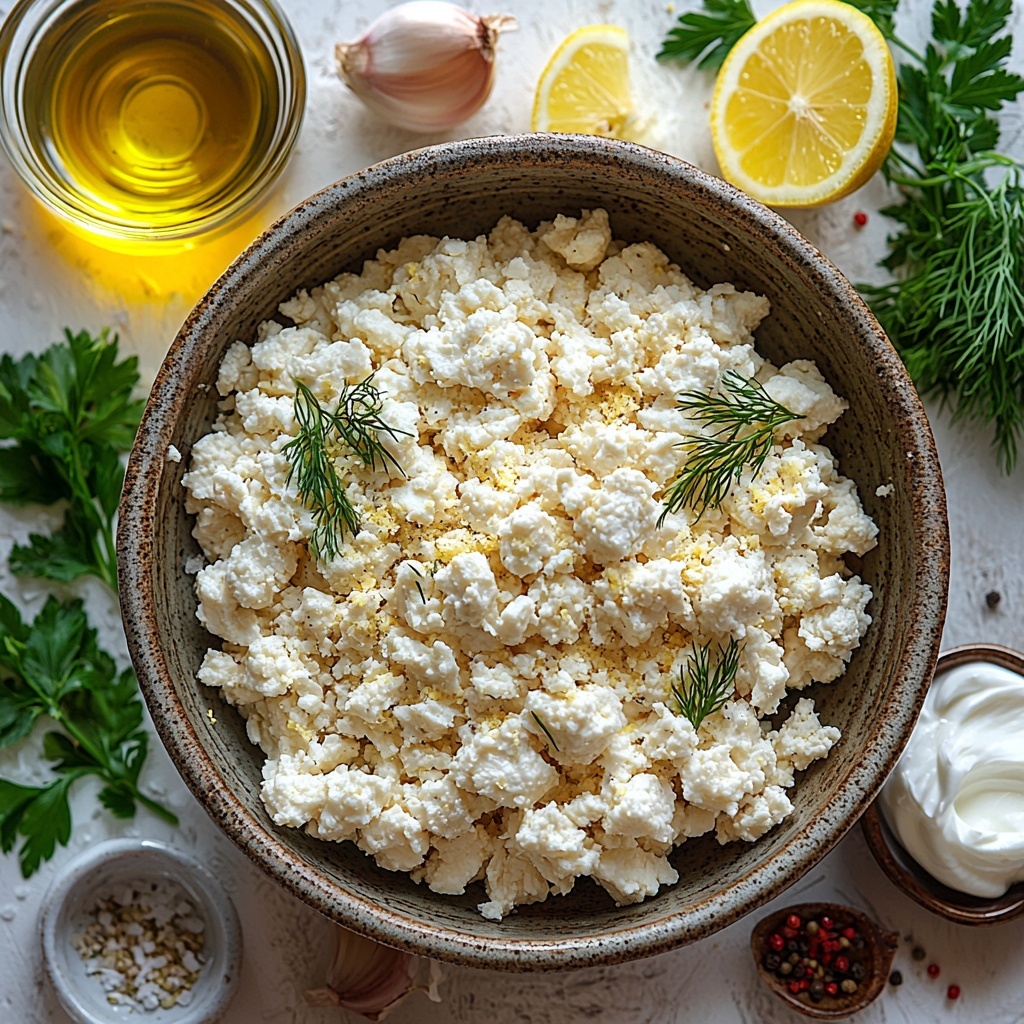 ground chicken in a rustic ceramic bowl, crumbled white feta cheese spilling slightly onto the clean surface, a small glass bowl with golden breadcrumbs, finely grated pale yellow onion neatly heaped, two garlic cloves with papery skins partially peeled, fresh bright green parsley and dill sprigs artistically scattered, a small dish holding bright yellow lemon zest, a small bowl with a lightly beaten pale yellow egg, coarse salt crystals and cracked black peppercorns arranged separately on a white ceramic spoon and a small dish, a sleek bottle of golden olive oil with light reflecting off the glass, optional lemon wedges with vibrant yellow and white pith, fresh herbs casually placed nearby, and a small bowl of creamy white Greek yogurt or tzatziki with subtle texture visible — all displayed on a clean, crisp white surface emphasizing freshness and Mediterranean vibrancy, minimal shadows, soft natural lighting highlighting textures and colors, delicate sprinkles of herbs and a faint dusting of breadcrumbs adding rustic charm, overhead shot, top down view, flat lay photography, professional food styling --ar 1:1 --q 2 --s 750 --v 6.1