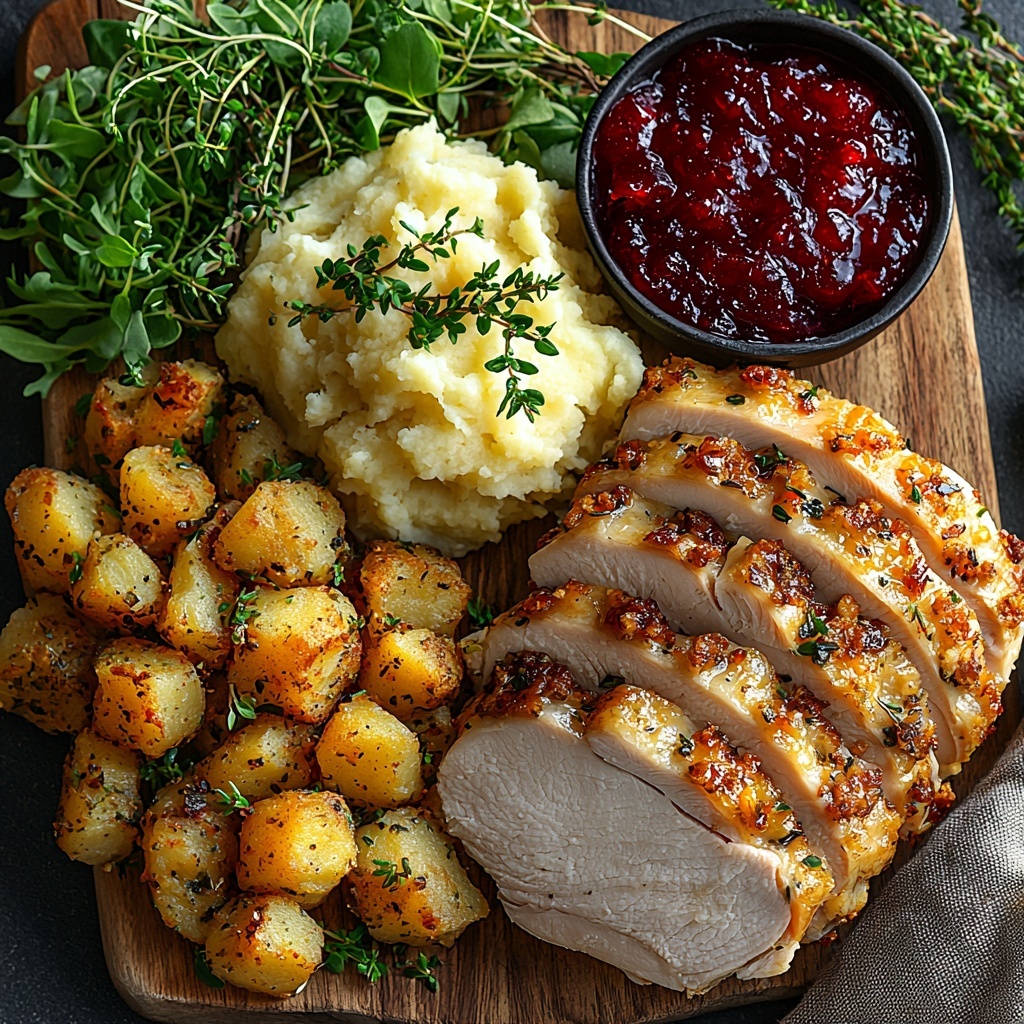 /Imagine prompt: A clean white surface with the main ingredients of a Thanksgiving leftovers sandwich artfully arranged for flat lay photography. Slices of golden-brown roasted turkey with subtle crispy edges, a small bowl of creamy pale mashed potatoes with a smooth texture, a portion of moist, herb-speckled stuffing featuring browned breadcrumbs, a dollop of glossy, deep red cranberry sauce with visible whole berries, and fresh green lettuce leaves with crisp veins. The ingredients are spaced evenly in a visually pleasing way, showcasing contrasting colors and textures—soft, savory turkey, fluffy potatoes, rustic stuffing, vibrant sauce, and fresh greens. Natural light highlights the colors and textures, casting soft shadows. The composition is minimalistic and balanced, with gentle props like a wooden cutting board and a linen napkin partially visible to add warmth. Overhead shot, top down view, flat lay photography, professional food styling --ar 1:1 --q 2 --s 750 --v 6.1