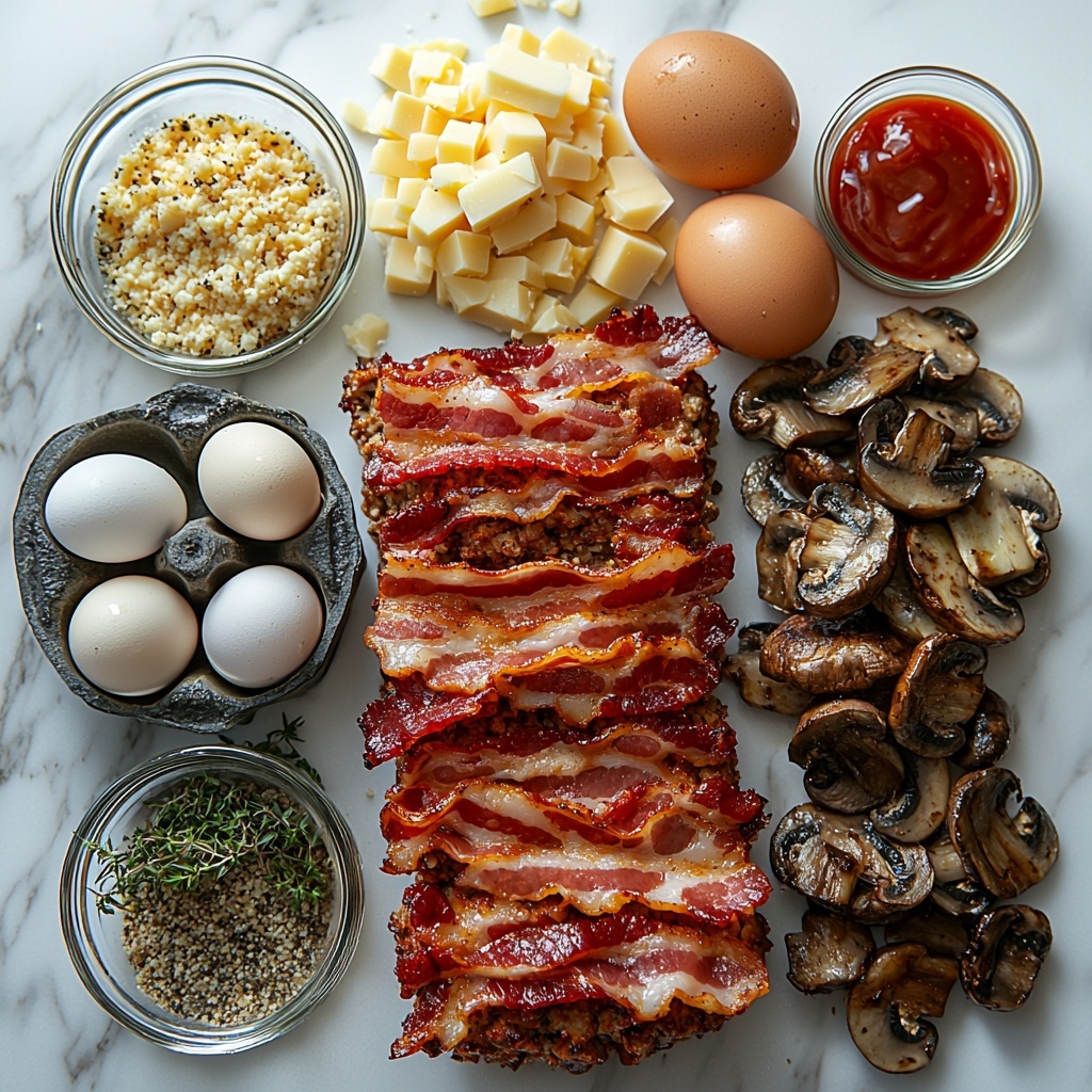 Bacon Mushroom Swiss Meatloaf ingredients arranged neatly on a clean white marble surface: crisp crumbled golden-brown bacon strips in a small rustic bowl, fresh chopped white and light brown mushrooms piled next to caramelized translucent sauteed onions, two smooth brown eggs resting side by side, a heap of finely grated Swiss cheese with its pale creamy texture, a separate mound of grated Parmesan cheese with its slightly granular appearance, a scattering of golden tan breadcrumbs, a glass measuring cup half-filled with creamy white milk, small ramekins containing deep red ketchup, dried thyme leaves sprinkled loosely, a small pile of raw pinkish ground beef next to light pink ground pork, a few pinches of black pepper and garlic powder arranged in tiny neat piles, and a small spoonful of Worcestershire sauce glistening dark amber. The ingredients are balanced with natural warm lighting that highlights the varied textures — from the moisture of the mushrooms to the powdery cheese and crunchy bacon, styled with soft shadows and slight depth to create an inviting, organized yet rustic feel. Overhead shot, top down view, flat lay photography, professional food styling --ar 1:1 --q 2 --s 750 --v 6.1