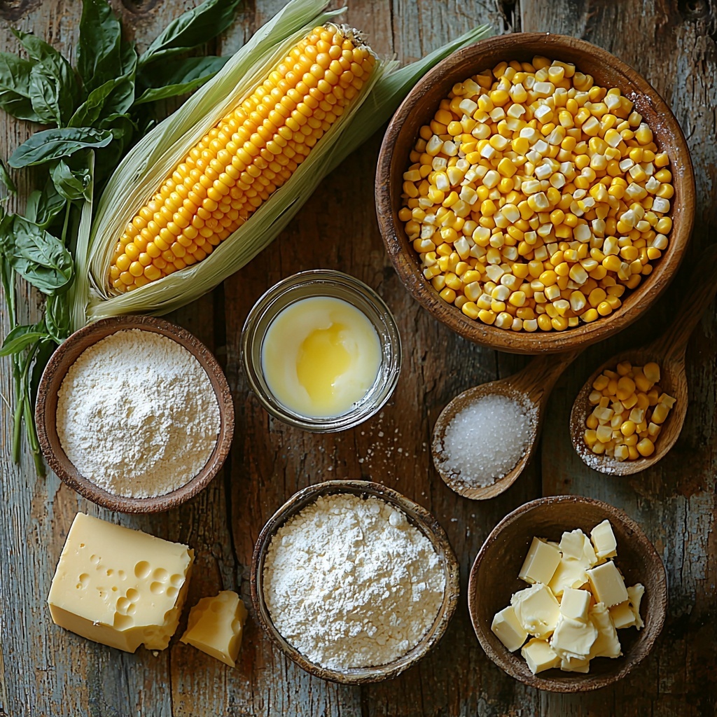 fresh corn ears with bright yellow kernels, a small bowl of thawed corn kernels, a splash of creamy whole milk in a clear glass, a pinch of coarse sea salt scattered delicately on the surface, a small rustic bowl of fine yellow corn flour (masarepa) next to a small bowl of all-purpose flour, a small glass dish with golden melted butter or oil glistening, a block of fresh white cheese (queso de mano or queso blanco) with a few crumbles around it, wooden spoon and a whisk casually placed nearby, all ingredients neatly arranged on a clean, light wooden tabletop with natural soft daylight highlighting the textures and vibrant colors, slight shadows adding depth, minimalistic and inviting styling, overhead shot, top down view, flat lay photography, professional food styling --ar 1:1 --q 2 --s 750 --v 6.1