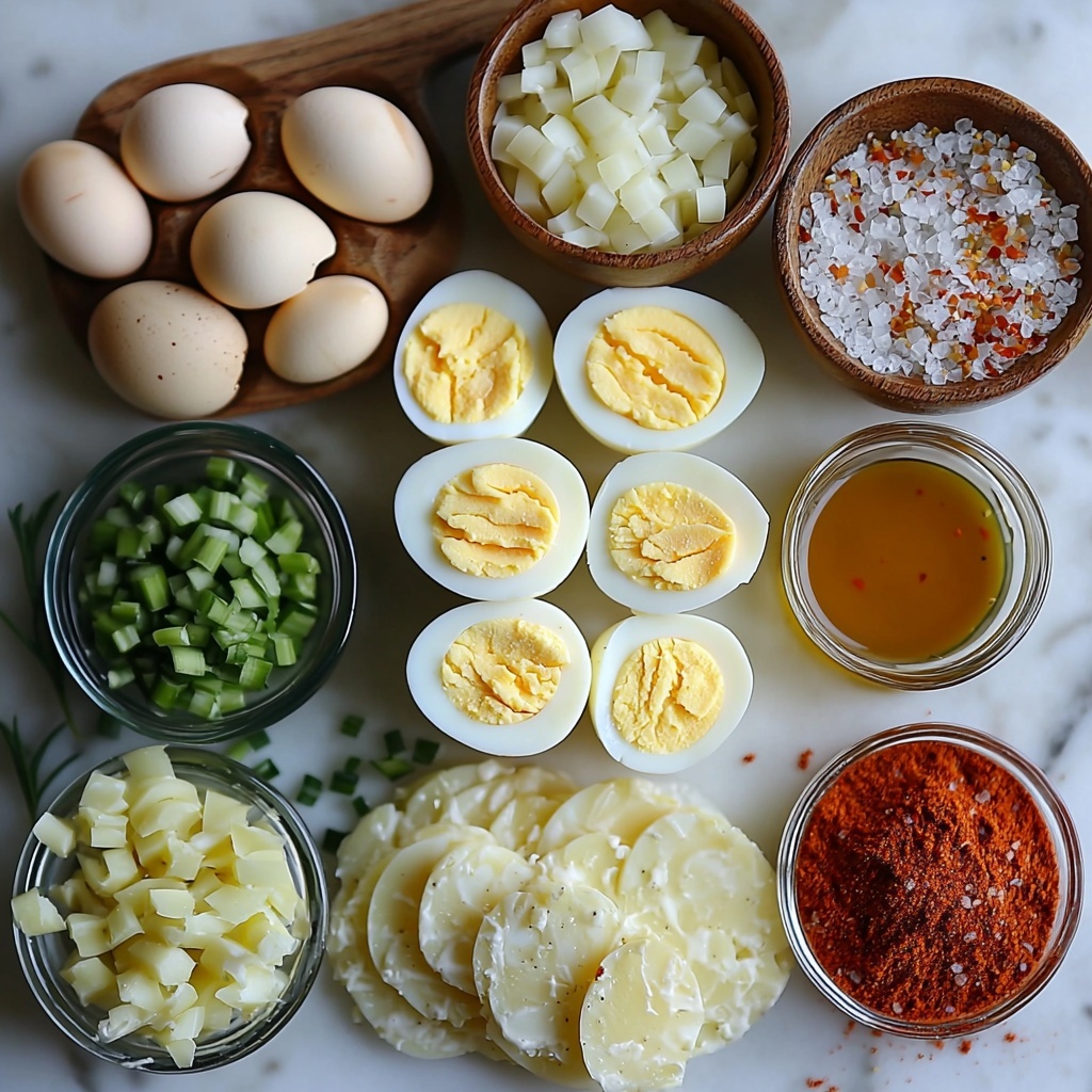 8 large peeled hard-boiled eggs, halved and chopped showing bright yellow yolks and firm white edges; small heap of uncooked elbow macaroni, pale golden with smooth curved shapes; small white bowl of creamy mayonnaise with glossy texture; small glass jar or spoonful of smooth Dijon mustard, rich yellow-brown; small clear bowl of amber apple cider vinegar liquid; tiny bowls of vibrant paprika powder in deep rusty red; small piles of fine white salt and ground black pepper; mound of finely chopped celery, crisp and light green with fresh texture; heap of finely diced red onion, translucent purple with sharp edges; small bowl of chopped green pickles or glossy pickle relish with tiny seeds visible; fresh bright green chopped chives sprinkled lightly to one side; all ingredients thoughtfully spaced on a clean, matte white surface for contrast; soft natural lighting enhancing the colors and textures, minimal shadows; utensils like a small wooden spoon and a whisk placed casually nearby for context; emphasis on freshness, vivid colors, and variety of textures; overall tidy and inviting composition, slight overhead angle to capture all elements distinctly -- overhead shot, top down view, flat lay photography, professional food styling --ar 1:1 --q 2 --s 750 --v 6.1