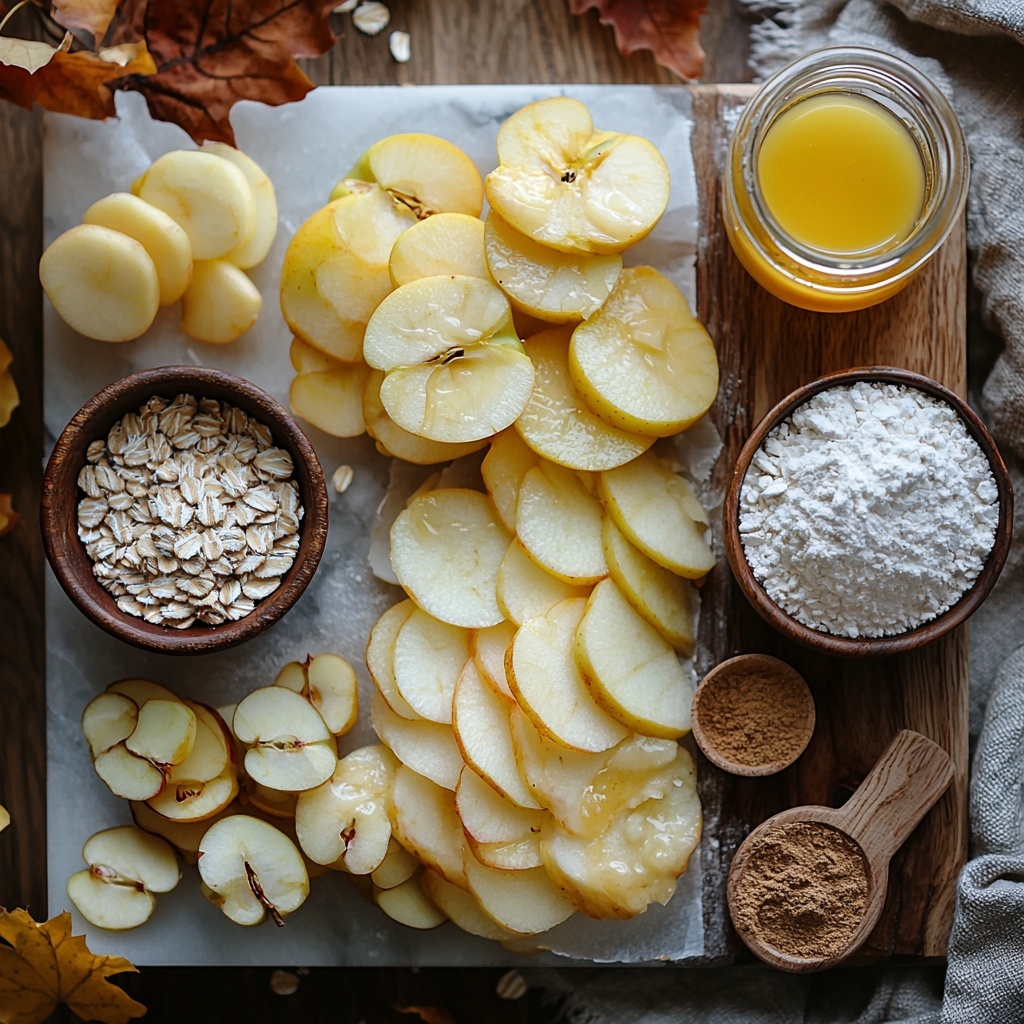 6 to 8 peeled and sliced medium apples in soft pale yellow and cream tones, a small glass bowl of bright yellow lemon juice, a white ceramic dish with fine white granulated sugar, rustic wooden spoon with ground cinnamon and a tiny heap of ground nutmeg on natural parchment paper, a small clear bottle with rich amber vanilla extract, a shallow bowl filled with old-fashioned rolled oats in creamy beige, a mound of all-purpose flour dusted lightly on a linen cloth, a small rustic bowl of deep golden brown sugar, a pinch of cinnamon powder and salt displayed side by side on a wooden board, a vintage metal measuring cup with melted golden butter showing its smooth sheen – all ingredients carefully spaced on a clean white marble surface with soft natural light casting gentle shadows, accents of autumn leaves and a linen napkin casually placed nearby for warm seasonal styling, textures ranging from powdery flour and sugar to rough oats and glossy juicy apple slices, vibrant and inviting color palette emphasizing warm browns, creamy whites, and soft yellows overhead shot, top down view, flat lay photography, professional food styling --ar 1:1 --q 2 --s 750 --v 6.1