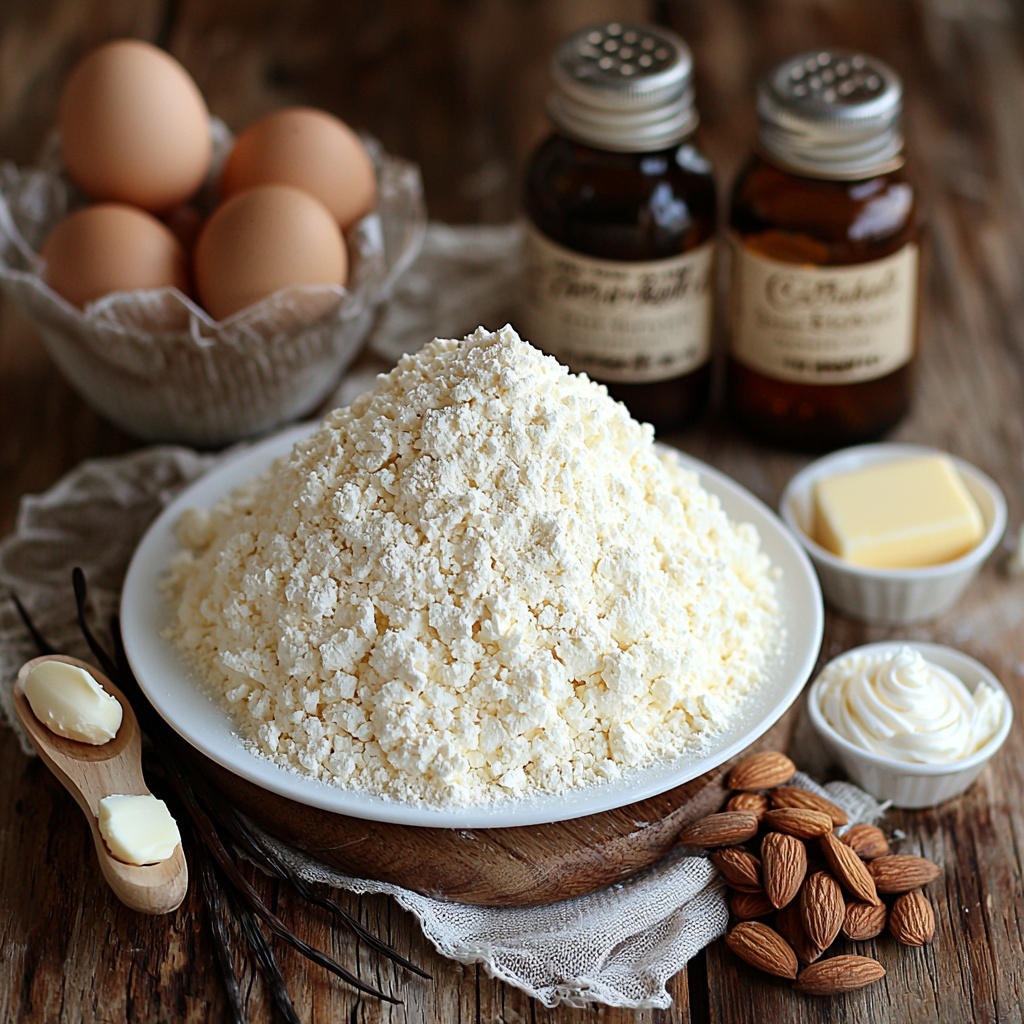 2 ½ cups all-purpose flour in a neat mound on a white ceramic plate, 1 ¾ cups granulated sugar in a clear glass bowl sparkling under natural light, 2 ½ teaspoons baking powder and ½ teaspoon salt measured in small white porcelain spoons placed side by side, 1 cup unsalted butter softened and shaped into a smooth rectangular slab on a wooden cutting board, 4 large fresh brown eggs arranged in a rustic carton with one cracked open to reveal the vibrant yolk, 1 cup whole milk in a simple, clear glass pitcher showing the creamy texture, 2 teaspoons vanilla extract and ¼ to ½ teaspoon almond extract in small amber glass bottles with vintage-style labels, ½ cup sliced almonds scattered delicately on a linen napkin, 3–4 cups smooth buttercream frosting swirled elegantly in a glass bowl with a spatula resting beside it, white chocolate shards stacked artistically on a small dish, and a few pieces of delicate edible gold leaf placed sparingly to add sparkle; all ingredients arranged symmetrically with ample negative space on a clean, light wooden surface, soft natural lighting highlighting the textures and colors, subtle shadows to create depth, minimalistic styling with a few sprigs of vanilla bean pods and almond branches for accents, showcasing the rustic yet refined essence of classic baking. overhead shot, top down view, flat lay photography, professional food styling --ar 1:1 --q 2 --s 750 --v 6.1