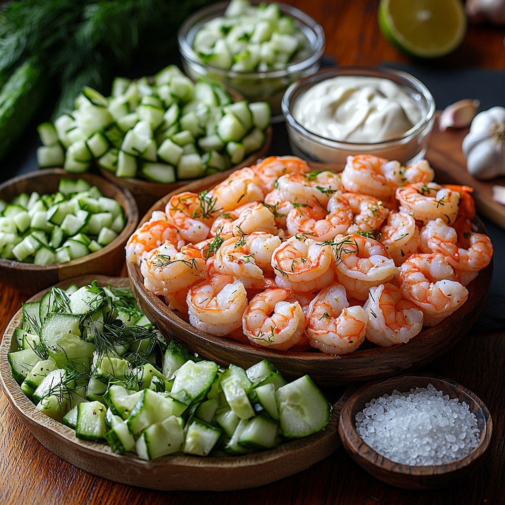 fresh peeled and deveined shrimp, plump and pink, arranged in a small rustic bowl; vibrant green English cucumber, diced into neat cubes spread in a small wooden dish; thinly sliced green onions, bright green and fresh, fanned out on a white ceramic plate; creamy white mayonnaise and sour cream in two small glass bowls with smooth textures; a halved large lime showing bright green juicy flesh alongside scattered lime zest flakes; fresh chopped dill with deep green feathery leaves placed delicately on a small pile; a small bowl of golden Dijon mustard with a glossy surface; a single garlic clove, peeled and whole, with a smooth off-white skin; sprinkle of coarse kosher salt crystals on a sleek black slate tile; all ingredients thoughtfully spaced on a clean light wooden surface with soft natural lighting highlighting vivid colors and contrasting textures, minimal shadows, subtle rustic props like linen napkin and wooden utensils nearby for warmth and balance, sharp focus with shallow depth of field accentuating freshness – overhead shot, top down view, flat lay photography, professional food styling --ar 1:1 --q 2 --s 750 --v 6.1