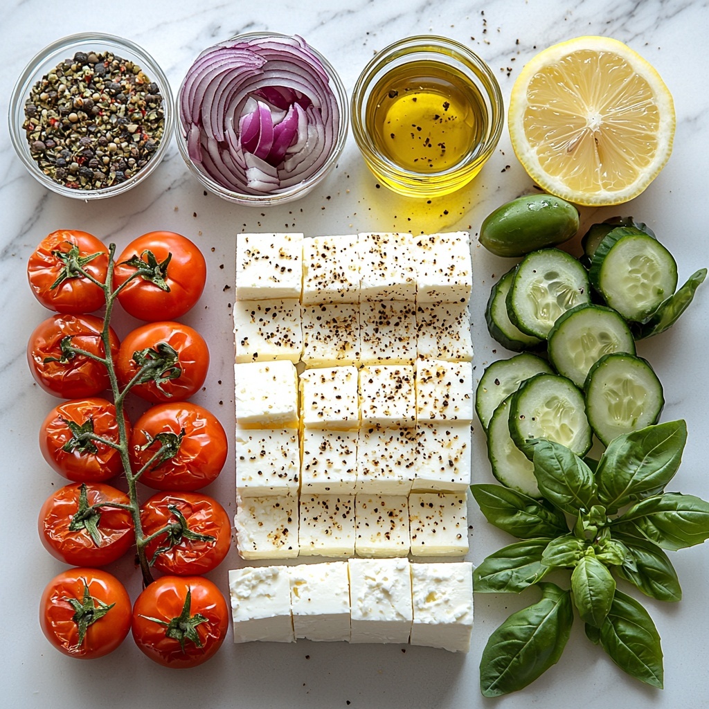 8 ounces block feta cheese (crumbled and whole block), 8 ounces cream cheese (softened, smooth texture), small glass bowl of extra-virgin olive oil with glossy golden sheen, half a lemon cut in half with visible juicy pulp, small white bowls with dried oregano, basil, black pepper, and red pepper flakes (vibrant green and red hues), heap of halved grape tomatoes showing juicy red interiors, sliced hot house cucumber with fresh green skin and pale flesh, small bowl of finely diced red onion with bright purple color, scattered Kalamata olives with deep purple-black glossy skin, rustic pita chips and crostinis arranged in a fan, all ingredients neatly spaced on a clean white marble surface with soft natural light enhancing colors and textures, highlighting freshness and vibrant Mediterranean palette, subtle shadows for depth, overhead shot, top down view, flat lay photography, professional food styling --ar 1:1 --q 2 --s 750 --v 6.1