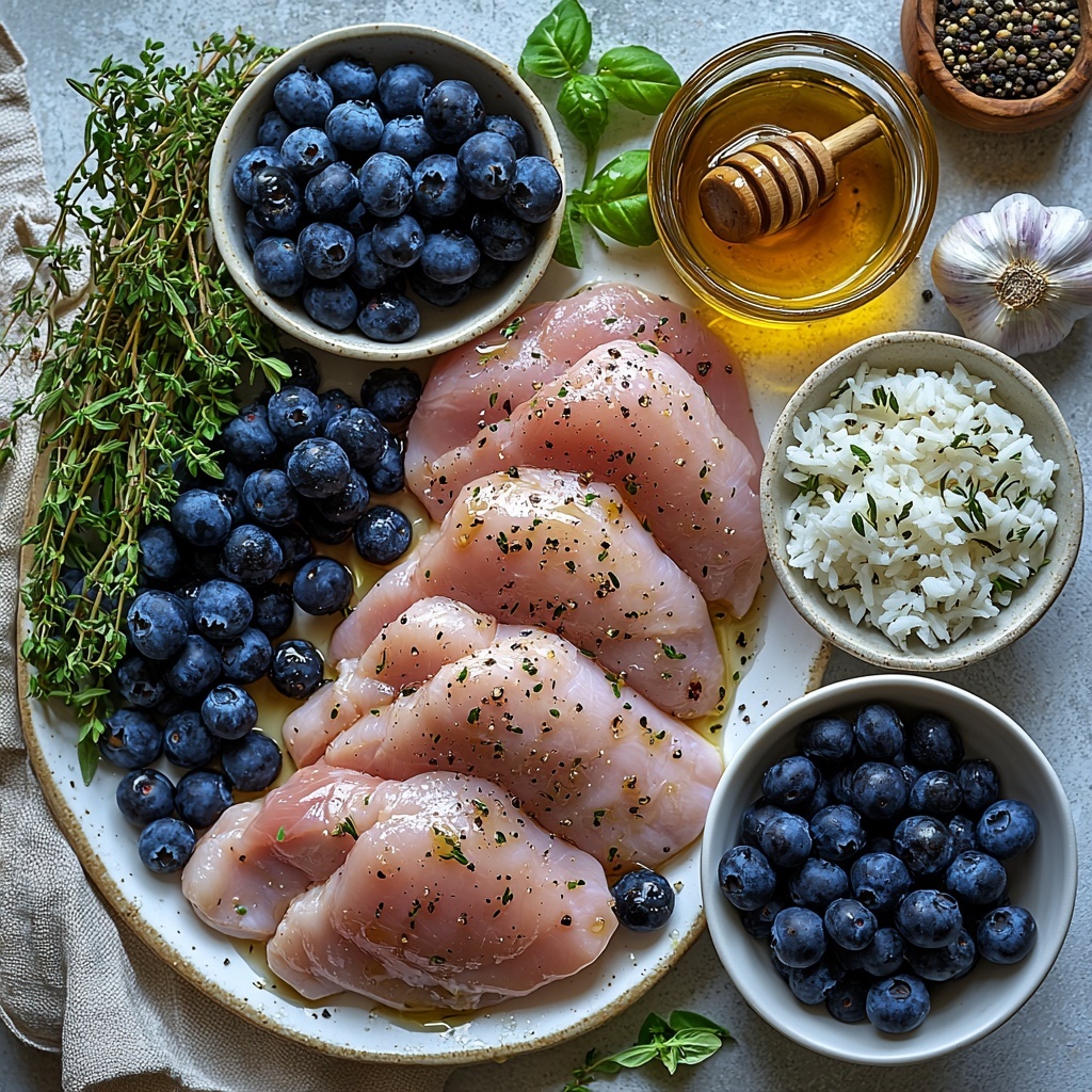 A clean white surface with all the main ingredients for Blueberry Thyme Chicken artfully arranged in a balanced flat lay: a small glass bowl of rich golden olive oil with a smooth reflective surface, a teaspoon of glossy amber honey next to a wooden honey dipper, a small bunch of fresh green thyme sprigs with delicate leaves, two cloves of fresh garlic—one whole and one minced neatly placed on a tiny white dish, a small clear glass bowl of dark, shiny balsamic vinegar, small piles of coarse sea salt and freshly ground black pepper contrasting in texture, four raw boneless, skinless chicken breasts neatly fanned out on a rustic white plate showing their pale pink color and smooth texture, a small bowl of plump, fresh blueberries in vibrant deep blue and purple hues, and a separate small bowl with fluffy white rice and another with bright green mixed salad leaves for contrast. Soft natural light highlights the freshness and vibrant colors, minimal shadows, subtle props like a linen napkin and a vintage silver spoon add warmth and depth to the composition. Clean, crisp, inviting, with a focus on freshness and texture. overhead shot, top down view, flat lay photography, professional food styling --ar 1:1 --q 2 --s 750 --v 6.1