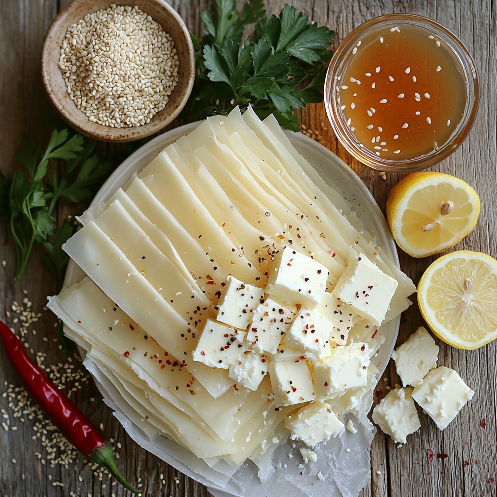 200g feta cheese cut into small rectangular sticks arranged neatly in a small white ceramic bowl; 6 sheets of delicate, thin, golden-brown phyllo pastry layered and fanned out to show their crisp texture; a small glass bowl with melted unsalted butter showing a glossy sheen; a tiny dish of pale beige sesame seeds sprinkled artistically nearby; a small clear bowl of rich amber honey with a smooth surface; a fresh red chili finely chopped with vivid red pieces scattered next to it; bright yellow lemon zest curls and a halved lemon showing juicy pulp with a fresh green sprig of parsley nearby; all ingredients placed on a clean, light wooden surface with soft natural lighting highlighting the contrast of colors and textures, minimal shadows, and styled with rustic elegance and a touch of warmth—overhead shot, top down view, flat lay photography, professional food styling --ar 1:1 --q 2 --s 750 --v 6.1