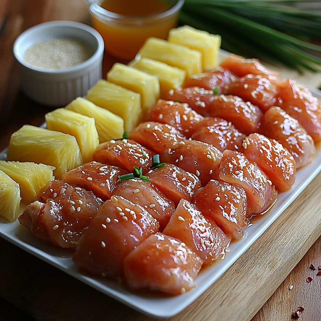 2 pounds raw boneless skinless chicken thighs, fresh and plump, arranged neatly on a clean white ceramic plate; 1 cup golden pineapple juice in a small clear glass bowl, glistening under soft light; 1/2 cup dark, rich brown sugar piled slightly in a rustic wooden scoop; 1/3 cup deep amber soy sauce in a delicate porcelain dish; 2 cloves garlic, minced finely, scattered artfully on a natural wood cutting board; 1 tablespoon white cornstarch in a small white ramekin; 2 tablespoons water in a clear glass measuring cup; 1/4 teaspoon crushed red pepper flakes adding a pop of vibrant red color in a tiny ceramic bowl. All ingredients arranged separately but close together on a pristine light wood surface with natural sunlight casting soft shadows, emphasizing the contrast of textures and colors — the glossy poultry skin, coarse grains of brown sugar, and smooth liquids. Minimalist styling with subtle green onion sprigs and a few sesame seeds scattered around for balance and visual interest. Overhead shot, top down view, flat lay photography, professional food styling --ar 1:1 --q 2 --s 750 --v 6.1