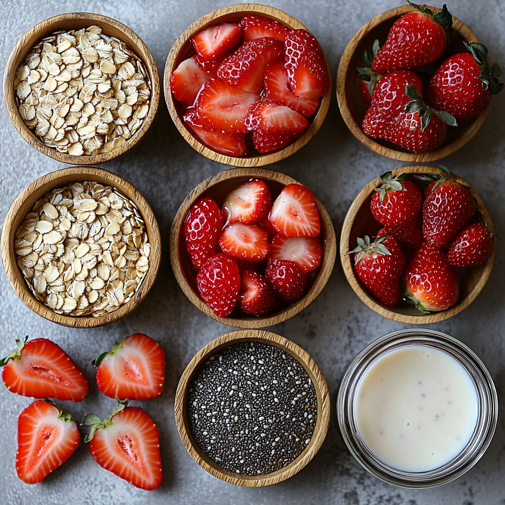 Flat lay photography of main ingredients for creamy strawberry overnight oats arranged neatly on a clean white surface: a small wooden bowl filled with rolled oats showcasing their soft, flaky texture; a clear glass bowl of vibrant red sliced fresh strawberries with juicy sheen; a tiny glass jar of glossy, deep pink strawberry jam reflecting light; a small white dish with smooth, amber-colored maple syrup pooling gently; a delicate pile of tiny, glossy black chia seeds glistening slightly; a glass measuring cup with pale creamy unsweetened almond milk; and a small glass bottle with a drop of golden vanilla extract visible on the neck. Elements spaced evenly with soft natural light casting gentle shadows, minimalist styling with a touch of rustic charm, crisp focus on textures and colors, subtle contrast between bright reds, creamy whites, warm browns, and deep blacks. Overhead shot, top down view, flat lay photography, professional food styling --ar 1:1 --q 2 --s 750 --v 6.1