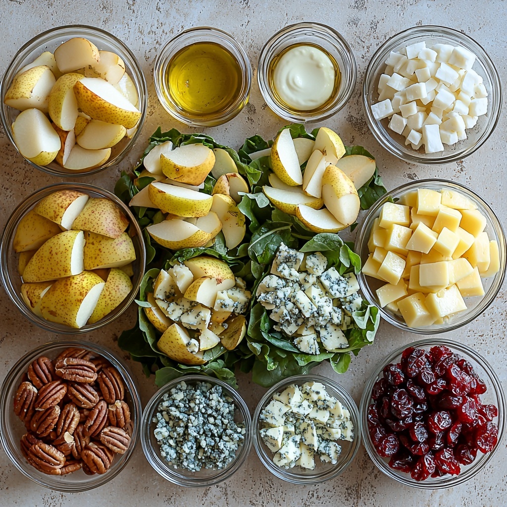 Mixed greens with deep vibrant greens and variegated leaves, chopped ripe pears showing soft yellow flesh and subtle brown seeds, glossy pecan halves with rich brown tones and textured ridges, scattered bright red dried cranberries adding contrast, crumbled creamy blue cheese with white and blue-green marbling, small glass bowls containing golden olive oil, light amber white wine vinegar, smooth pale yellow Dijon mustard, and small piles of fine white salt and granulated sugar. All ingredients artistically arranged on a clean, matte white surface with natural soft lighting highlighting the fresh colors and textures. Components spaced evenly with some overlapping edges for a casual yet elegant effect. Subtle shadows and high detail emphasizing freshness and natural appeal. Background minimal and uncluttered for crisp, modern food photography aesthetic. Overhead shot, top down view, flat lay photography, professional food styling --ar 1:1 --q 2 --s 750 --v 6.1