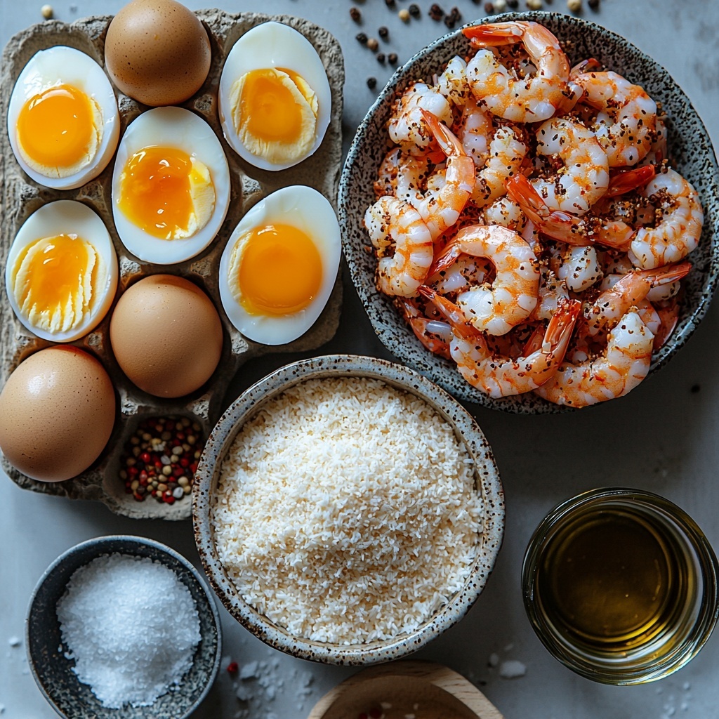 a clean white surface with raw peeled and deveined large shrimp arranged neatly in a small pile, a rustic ceramic bowl filled with fluffy white all-purpose flour, a small glass bowl containing vibrant reddish-orange sweet chili sauce, another bowl holding light golden panko breadcrumbs with a crunchy texture, two smooth brown eggs cracked open beside whole eggs, a small wooden scoop filled with shredded sweetened coconut showing fluffy white and slightly glossy texture, a tiny white dish with fine white salt, a tiny black dish with coarse ground black pepper, and a small glass jar of golden vegetable oil with light reflections; all ingredients spaced evenly with natural soft daylight illuminating from the side, subtle shadows adding depth, styled with minimal props to emphasize freshness and color contrasts, overhead shot, top down view, flat lay photography, professional food styling --ar 1:1 --q 2 --s 750 --v 6.1